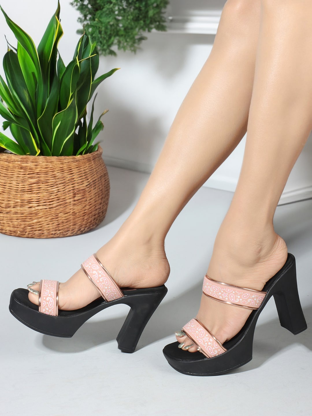 

ICONICS Colourblocked Open Toe Block Heels, Pink