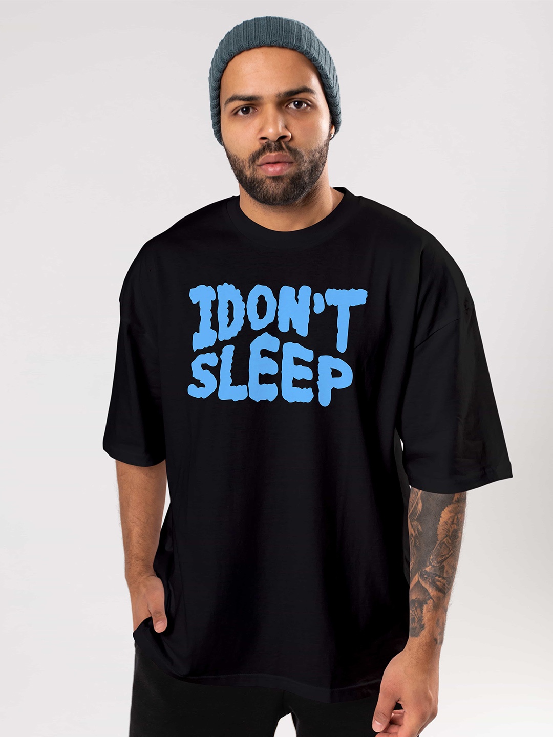 BAESD Men Typography Printed Cotton Drop-Shoulder Sleeves Oversized Plus Size T-shirt, Black