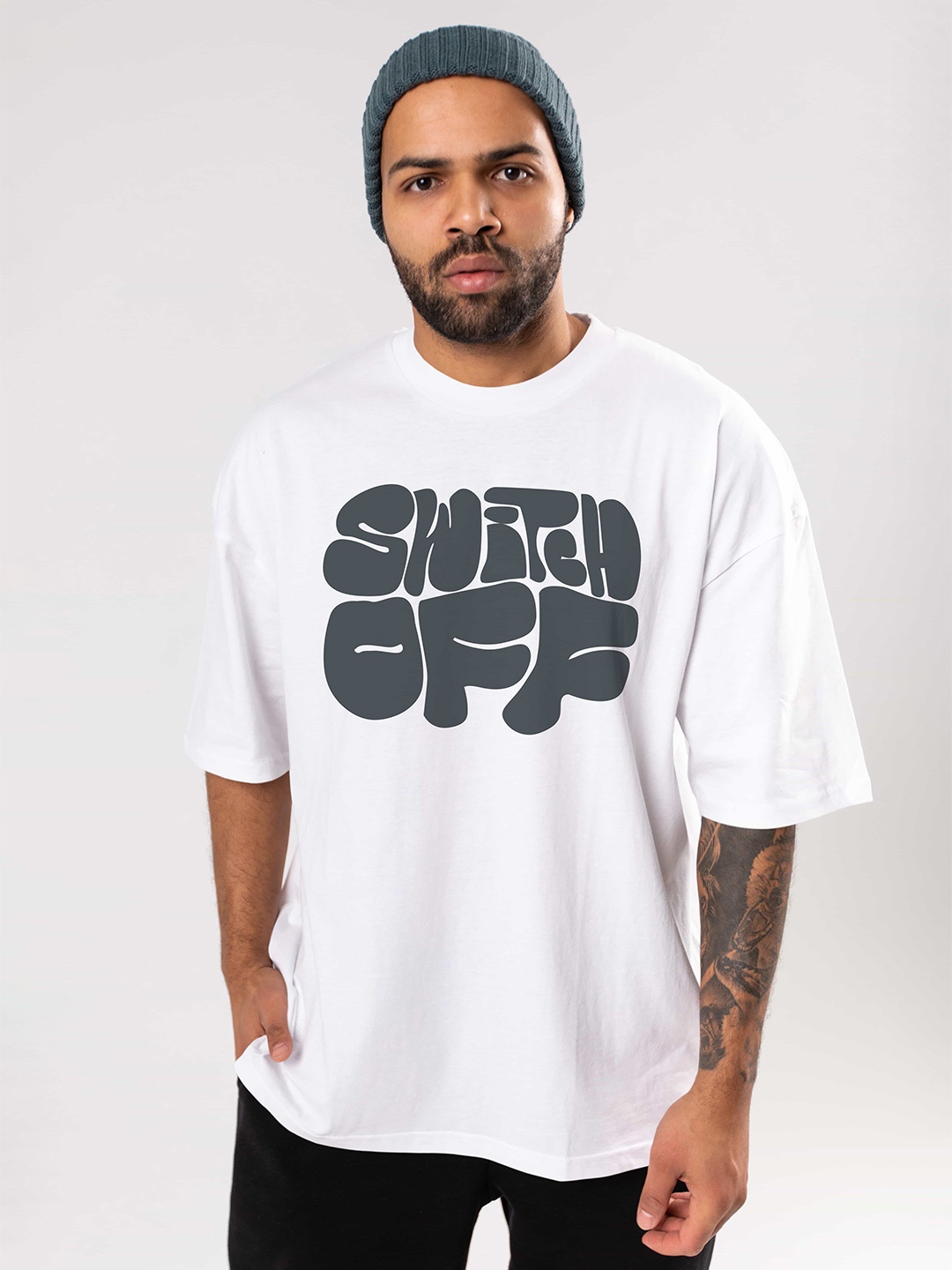 

BAESD Typography Printed Cotton Round Neck Oversized Plus Size T-shirt, White