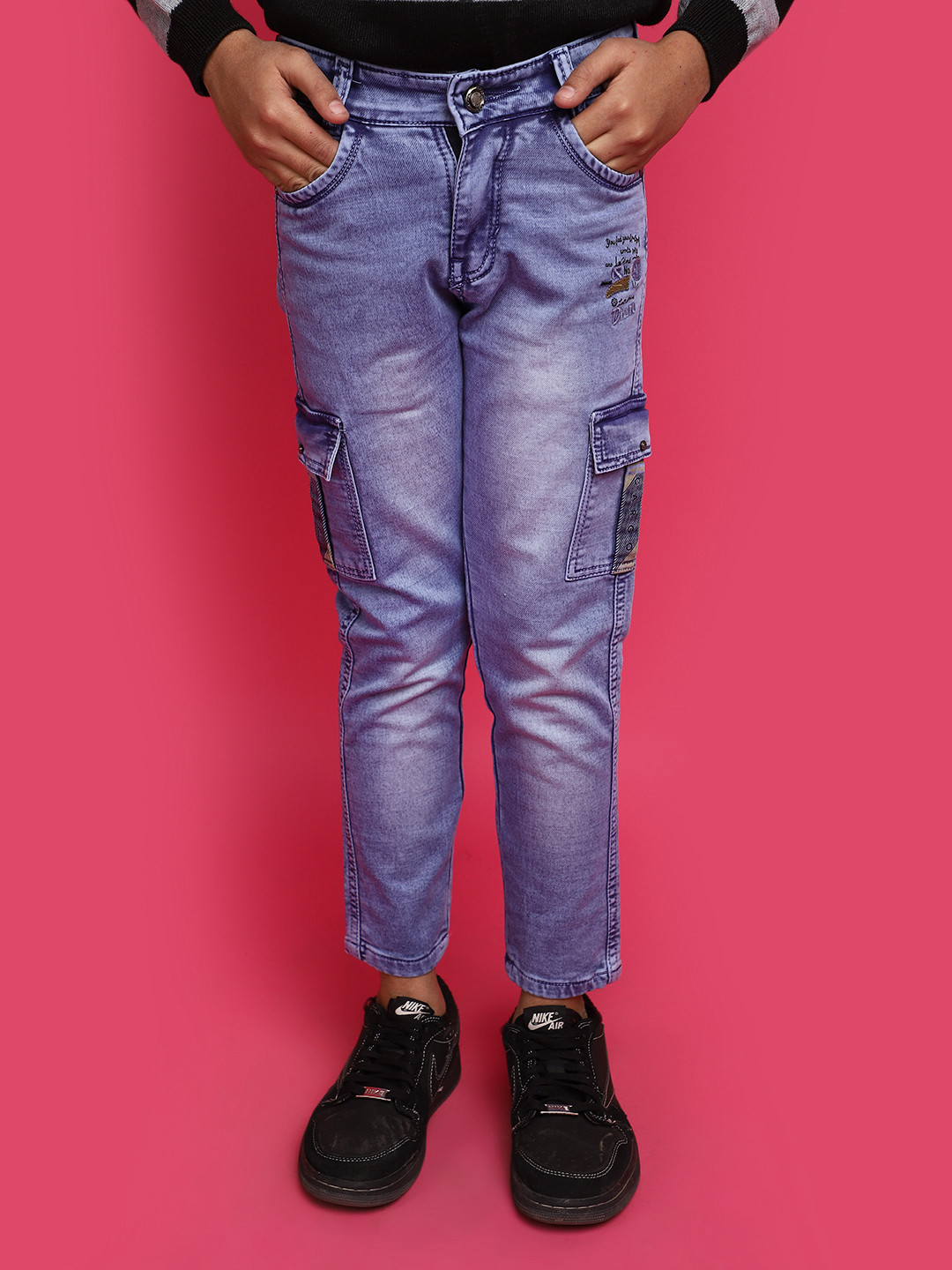 

V-Mart Boys Mid Rise Clean Look Heavy Fade Cotton Cargo Jeans, Blue