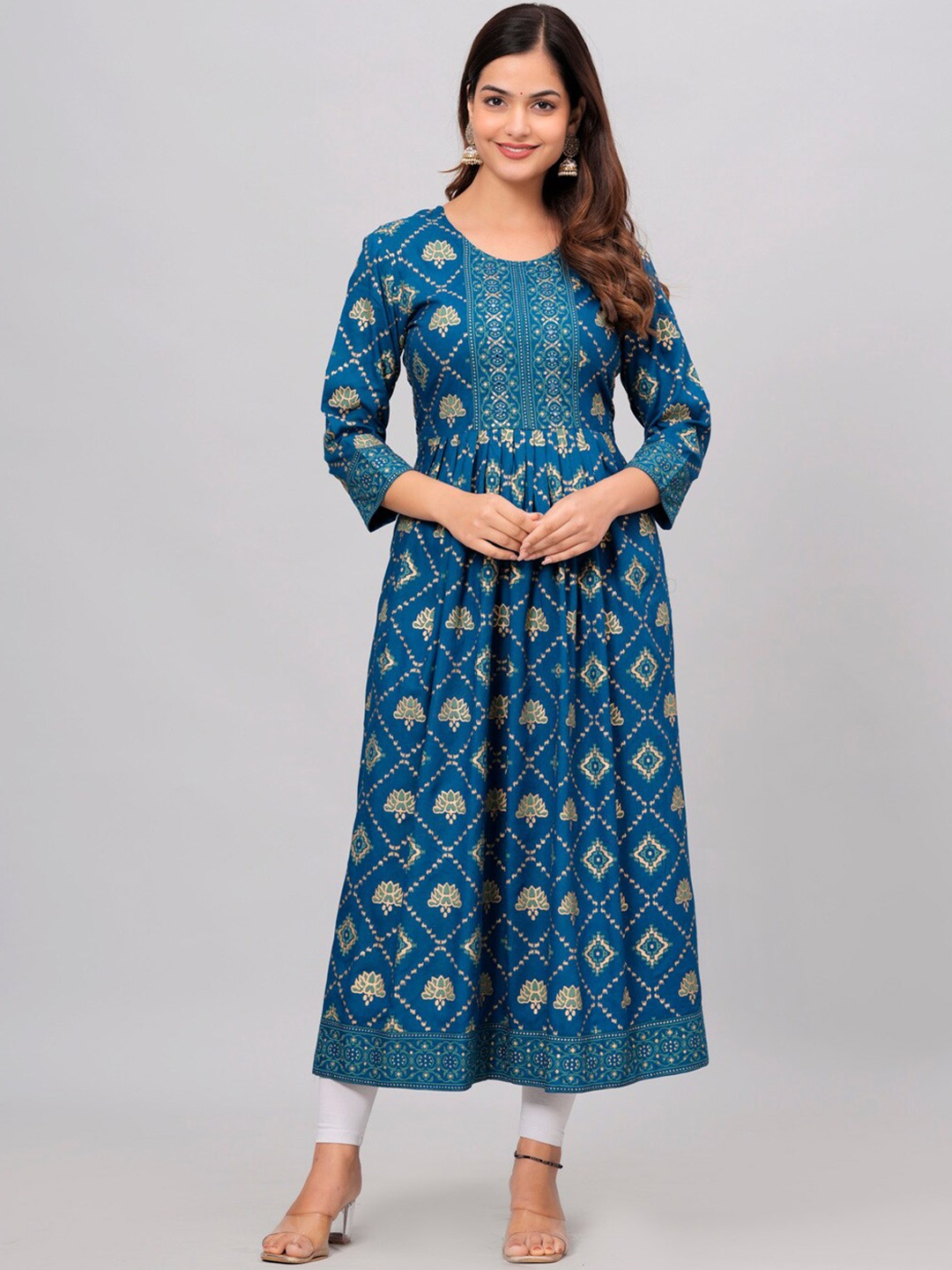 

SAABHI Round Neck Ethnic Printed Mirror Work Anarkali Kurta, Blue