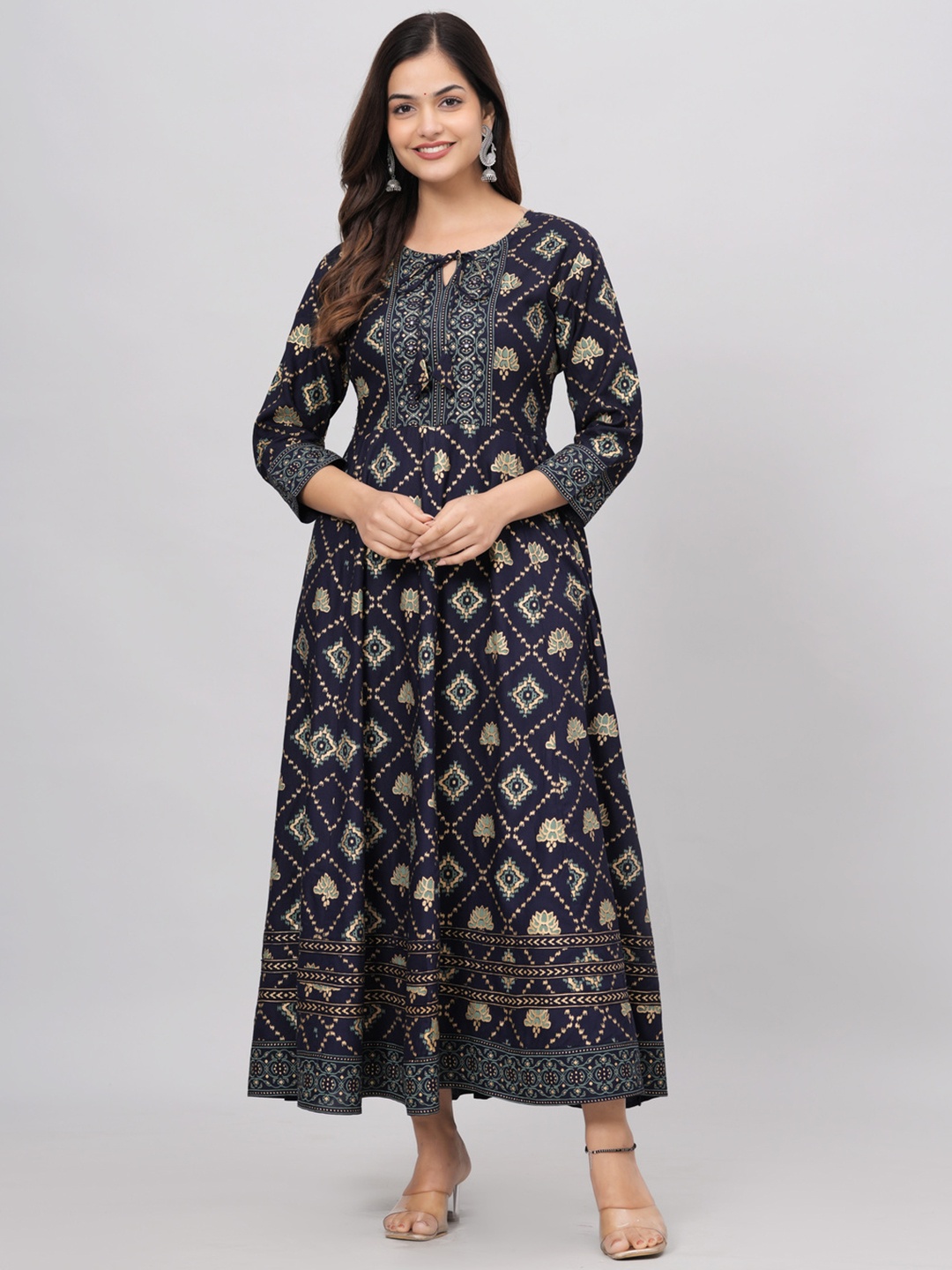 

SAABHI Paisley Printed Keyhole Neck Mirror Work Anarkali Kurta, Navy blue