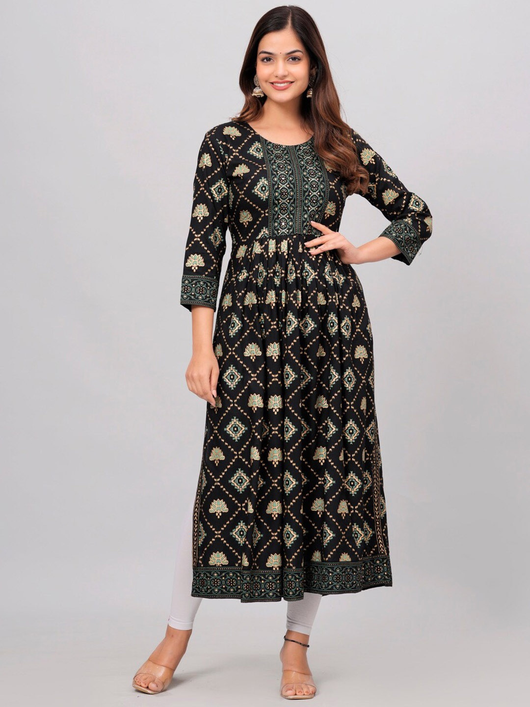 

SAABHI Ethnic Motifs Printed A-Line Kurta, Black