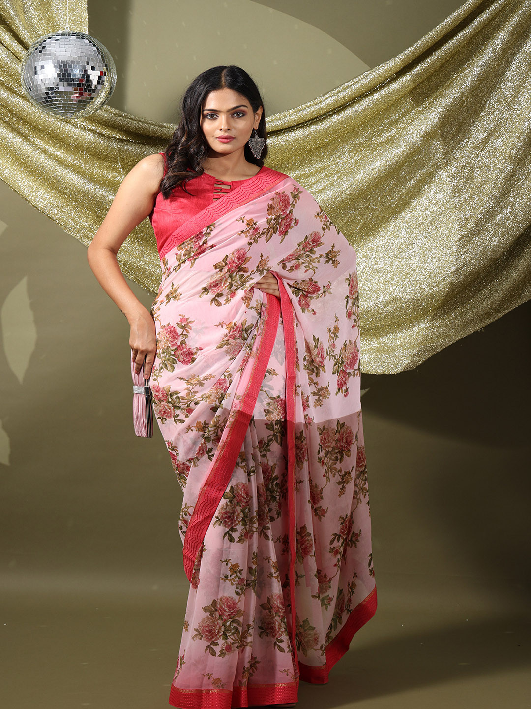

PATLIPALLU Floral Printed Woven Design Saree, Pink
