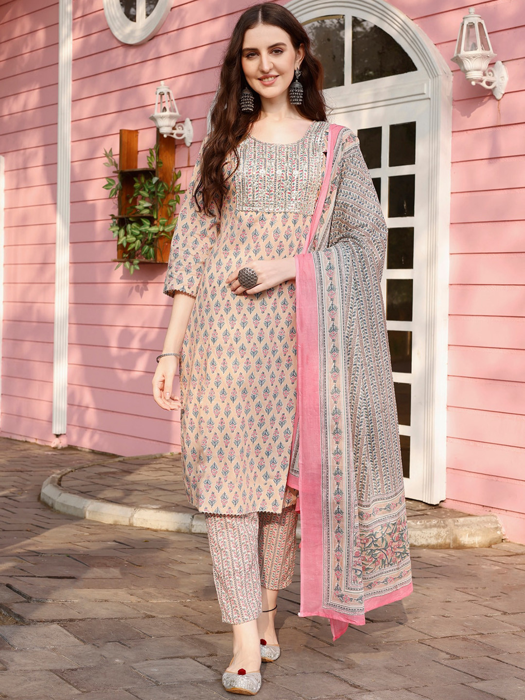 

Ziva Fashion Motifs Printed Regular Thread Work Pure Cotton Kurta with Trousers & Dupatta, Beige
