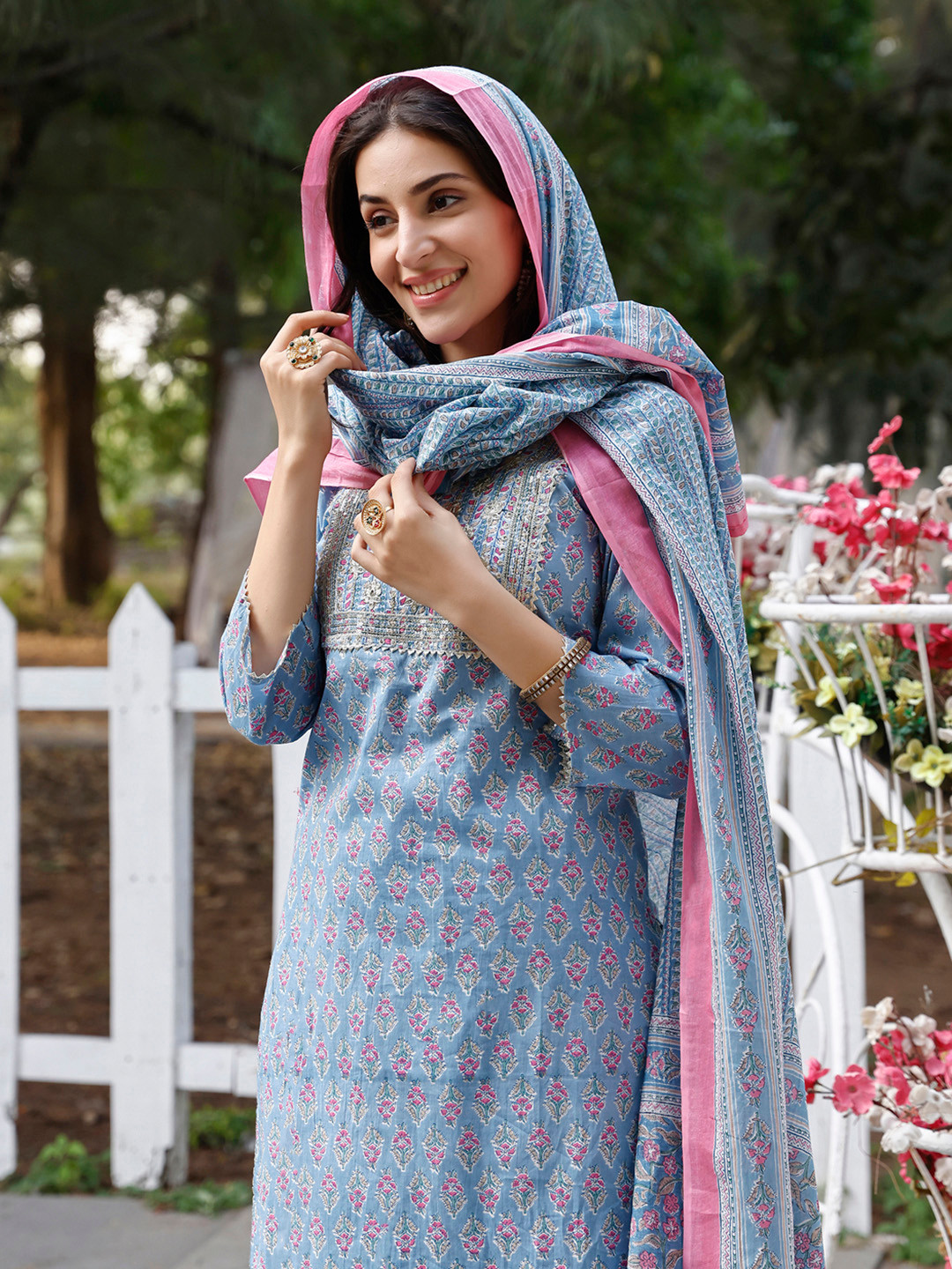 

Ziva Fashion Floral Printed Thread Work Pure Cotton Straight Kurta with Trouser & Dupatta, Blue