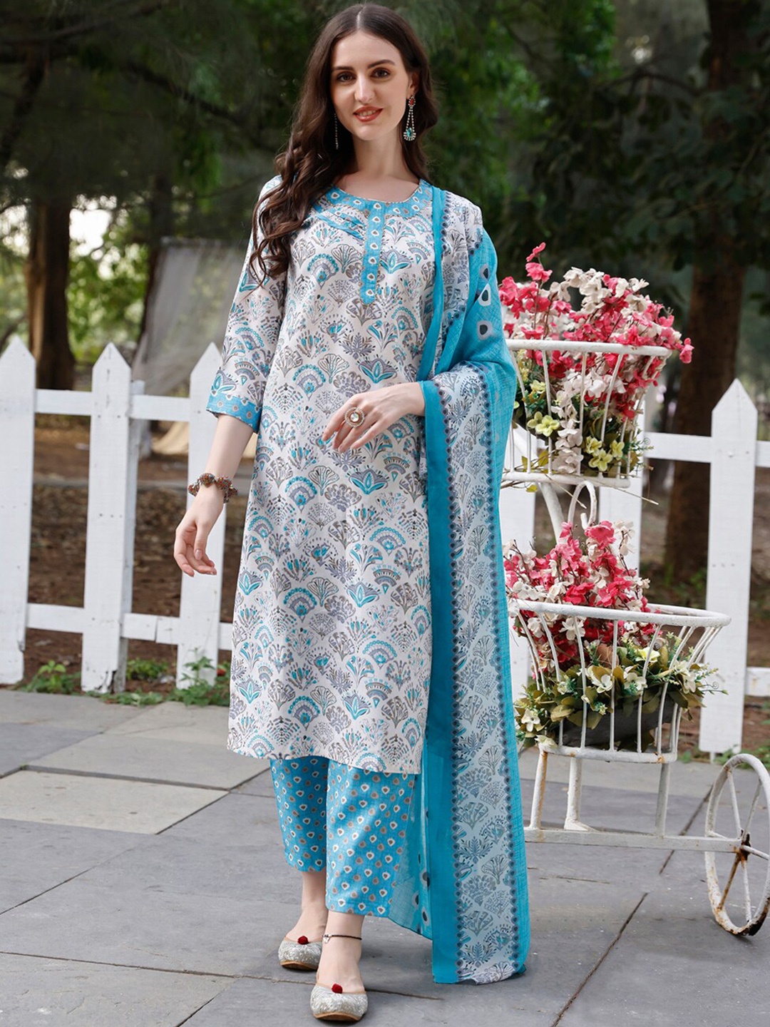 

Ziva Fashion Ethnic Motifs Printed Round Neck Pure Cotton Kurta with Trousers & Dupatta, Blue