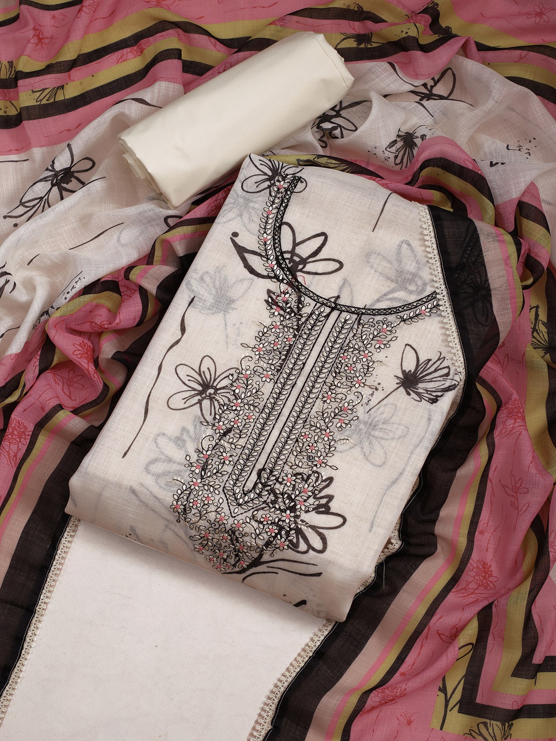 

Inddus Embroidered Pure Cotton Unstitched Dress Material, White
