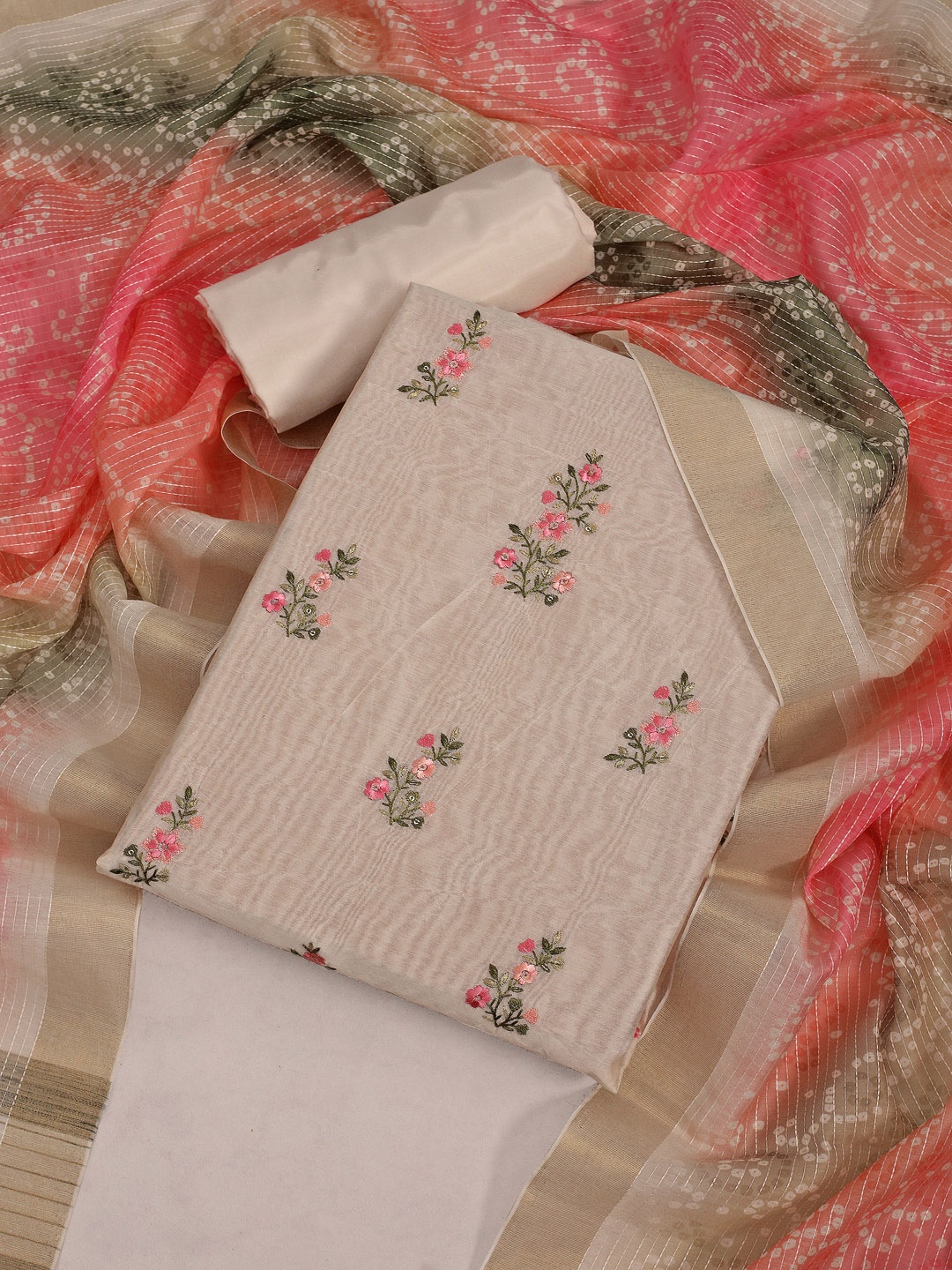 

Inddus Embroidered Pure Cotton Unstitched Dress Material, Cream