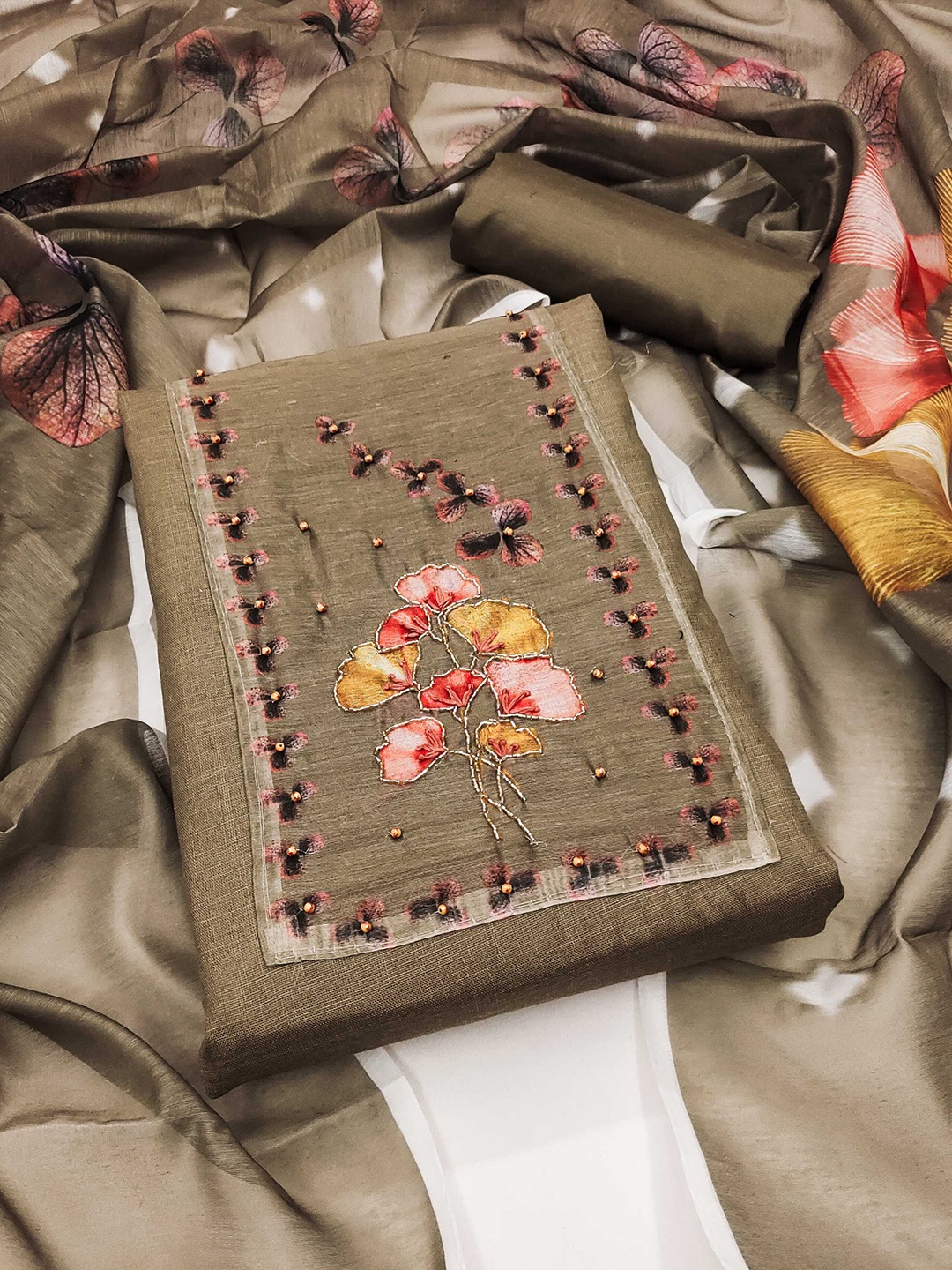 

KALINI Floral Printed Beads & Stones Unstitched Dress Material, Brown