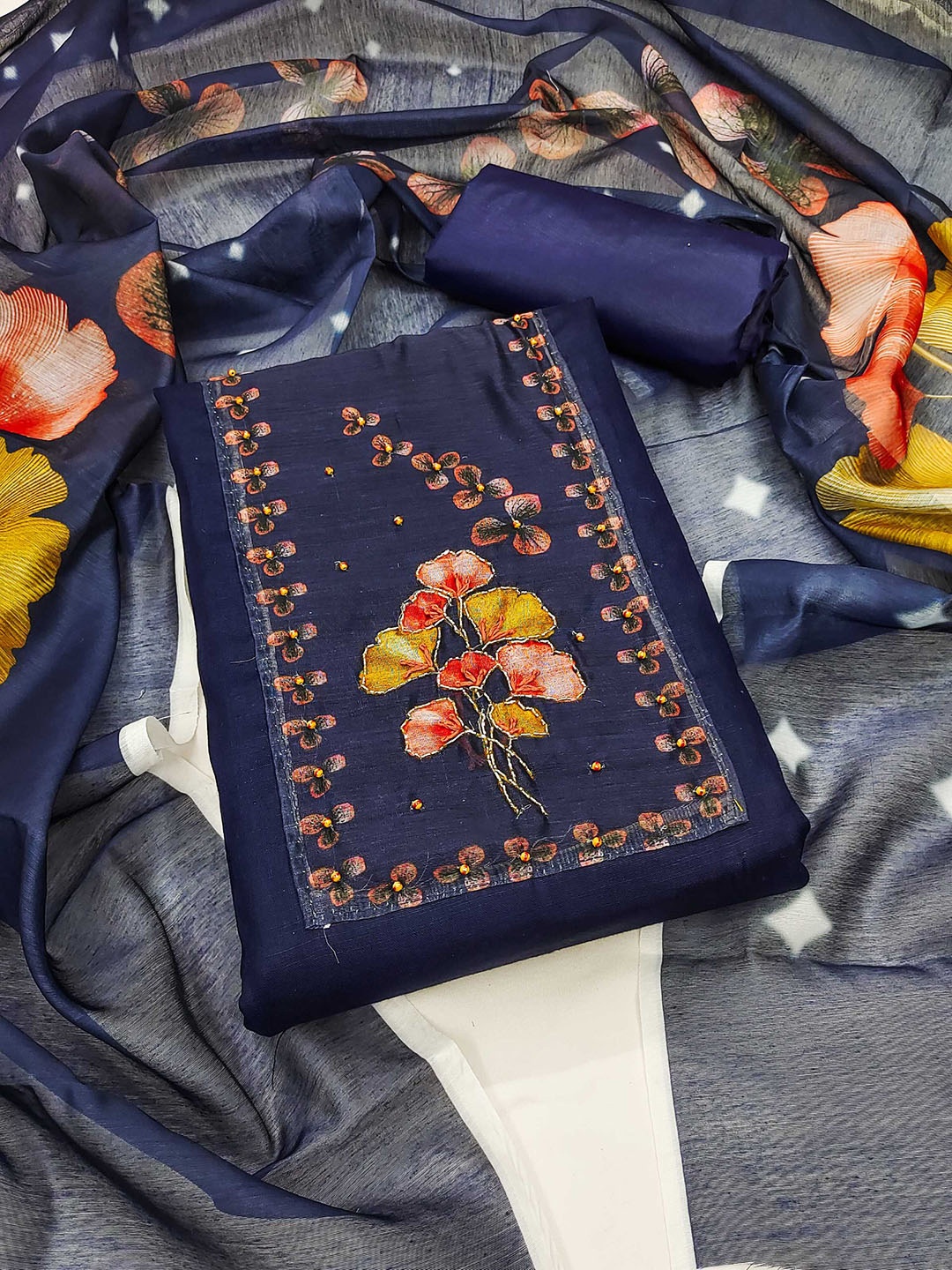 

KALINI Floral Printed Unstitched Dress Material, Navy blue