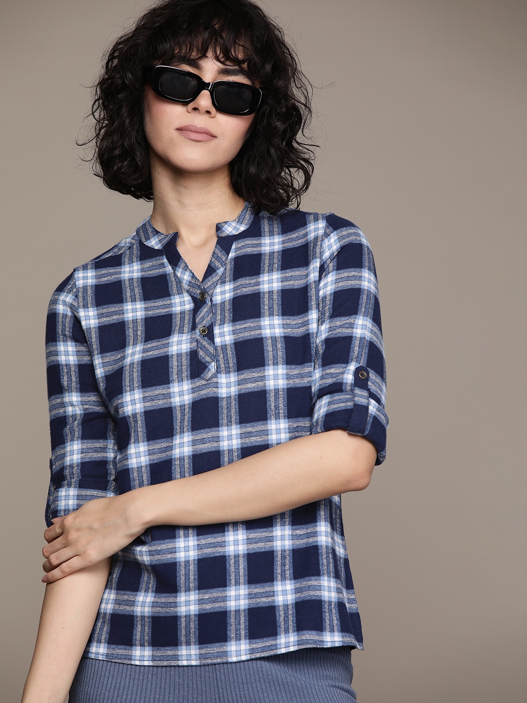 

Roadster Checked Mandarin Collar Roll-Up Sleeves Cotton Shirt Style Top, Navy blue