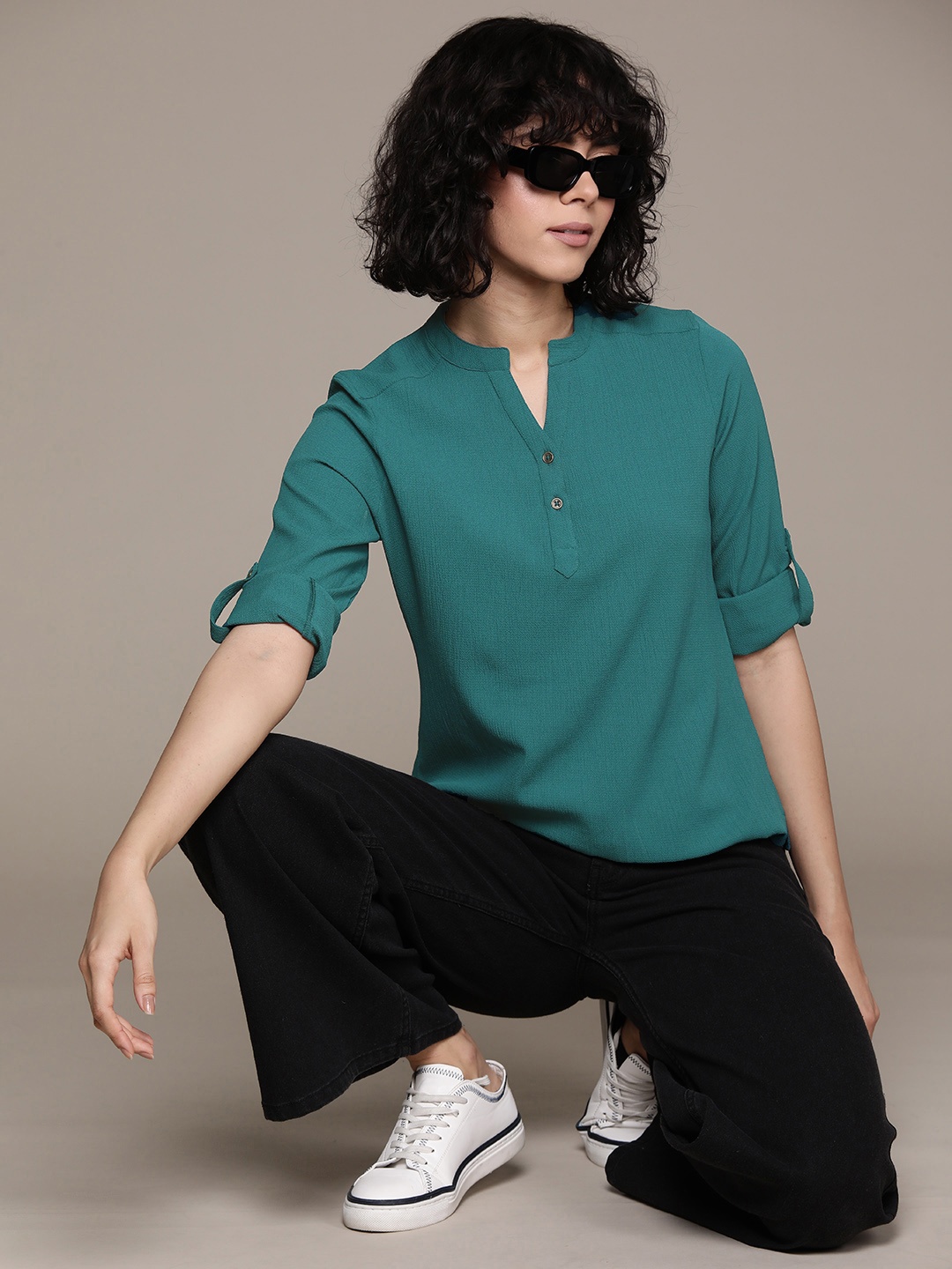 

Roadster Mandarin Collar Roll-Up Sleeves Shirt Style Top, Teal