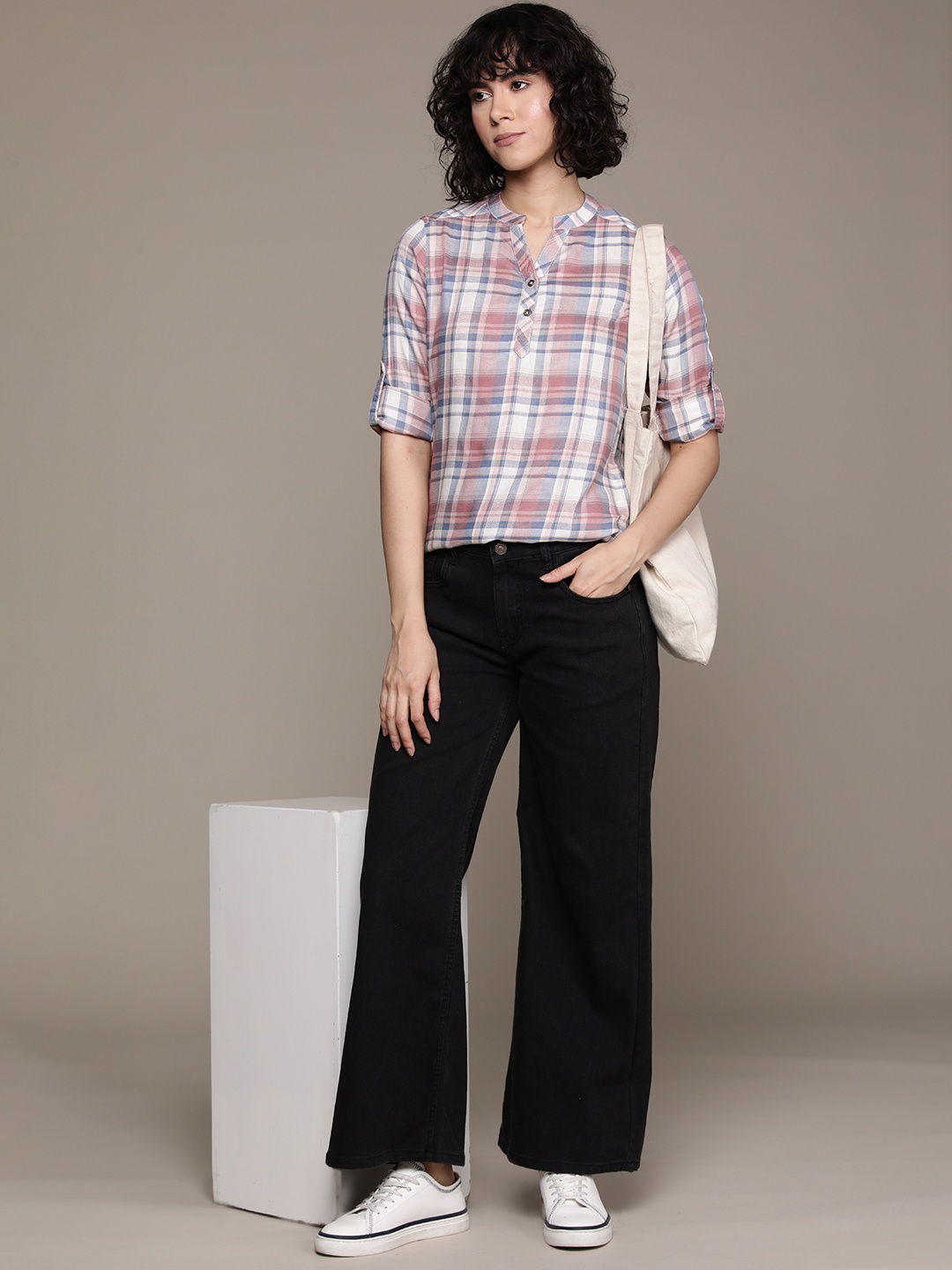 

Roadster Checked Mandarin Collar Shirt Style Top, White