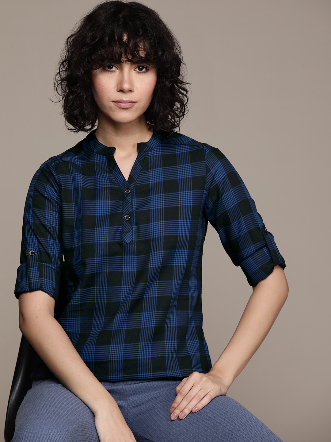 

Roadster Checked Mandarin Collar Cotton Top, Blue