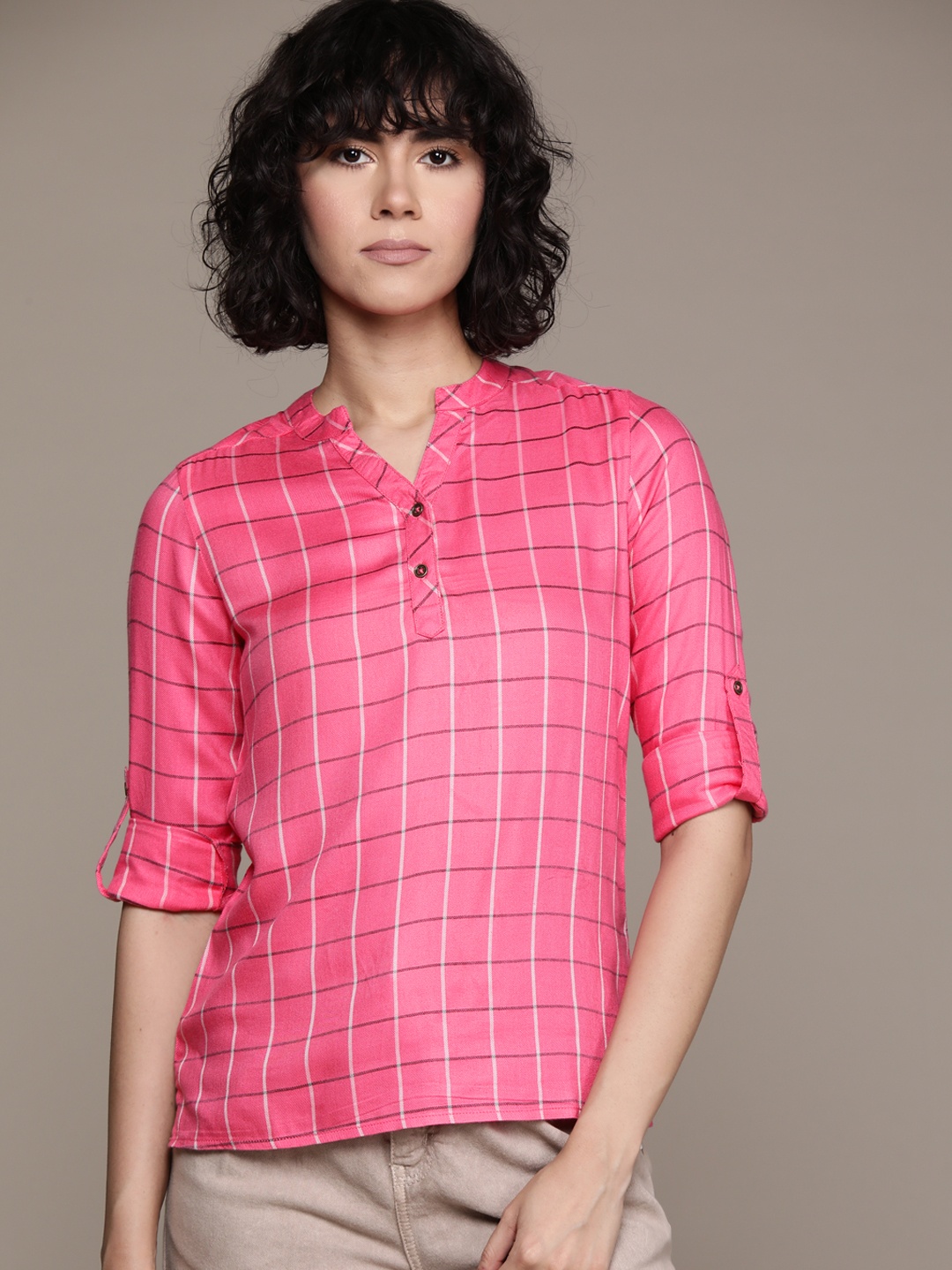 

Roadster Checked Mandarin Collar Roll-Up Sleeves Top, Pink