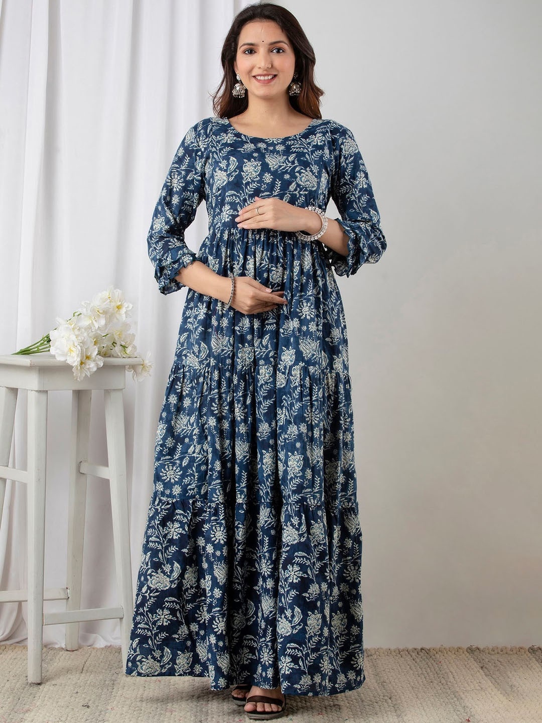 

BAESD Floral Printed Gathered Detailed Maternity Maxi Ethnic Dress, Navy blue
