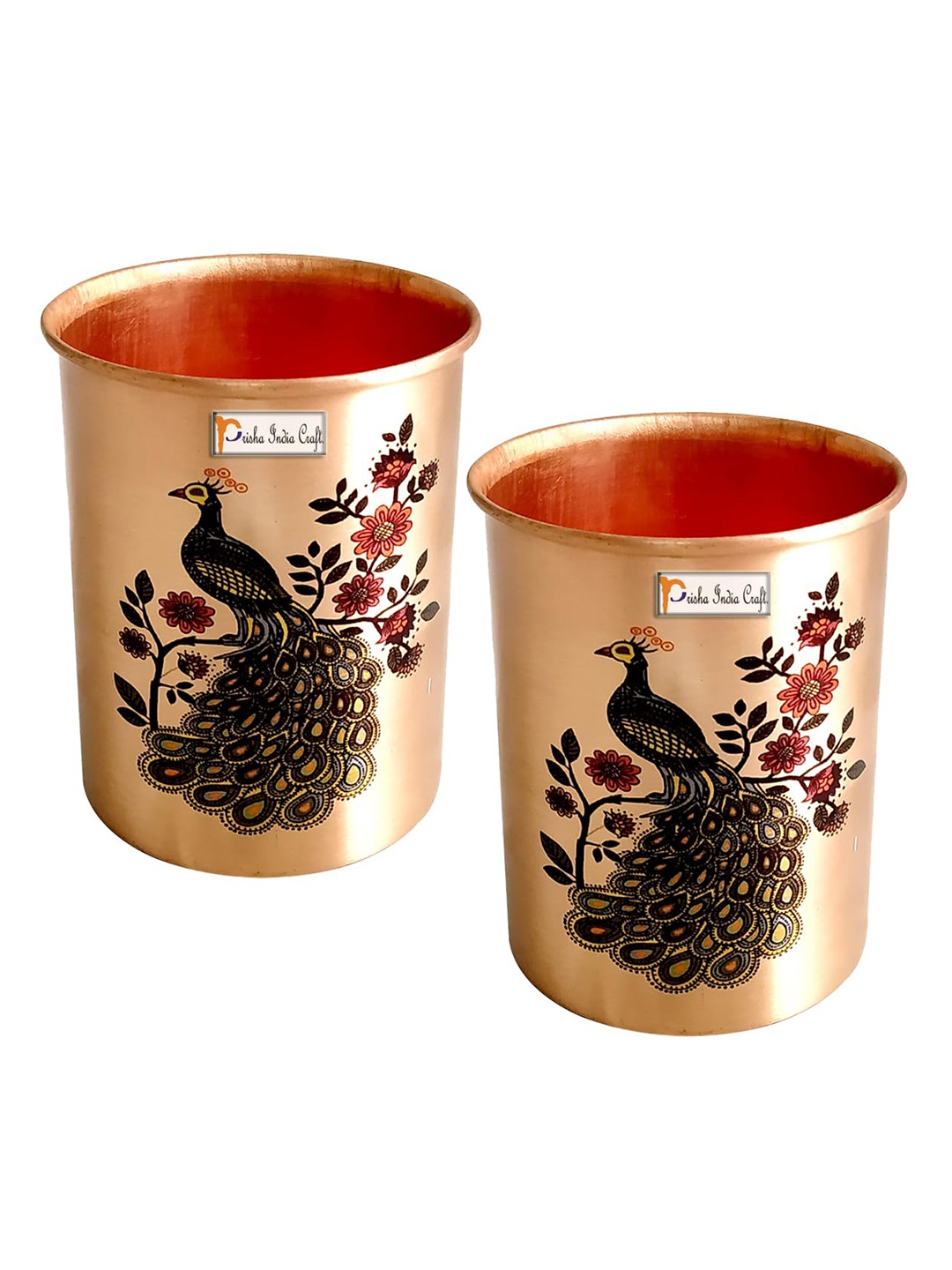 

PRISHA INDIA CRAFT Gold-Toned 2 Pieces Peacock Printed Copper Water Glasses 300 ML