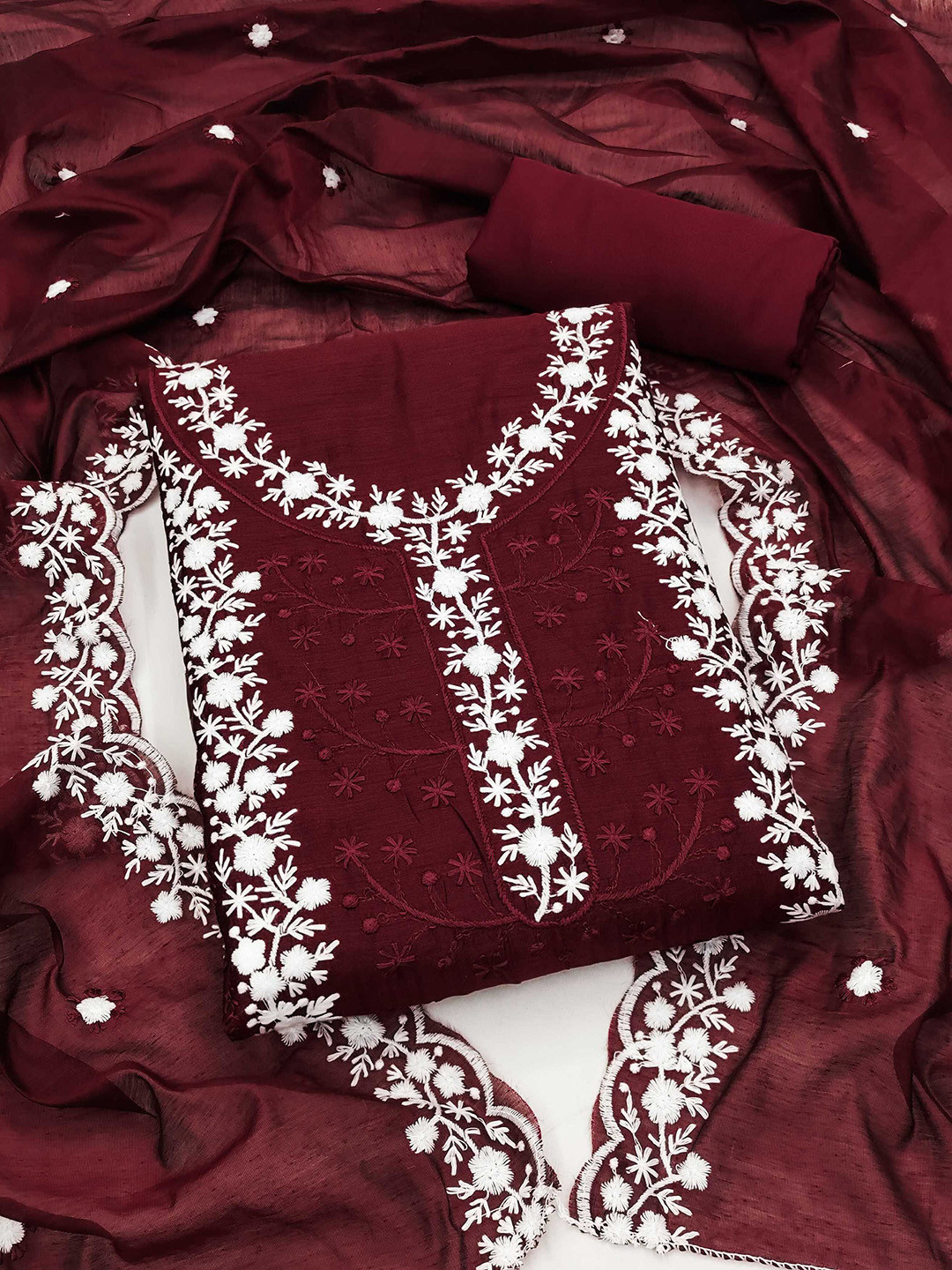 

KALINI Floral Embroidered Chanderi Silk Unstitched Dress Material, Maroon