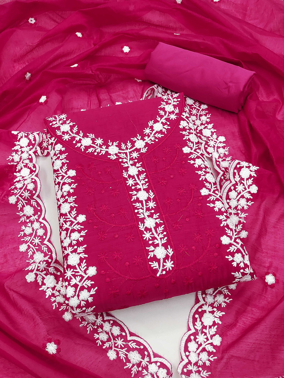 

KALINI Floral Embroidered Chanderi Silk Unstitched Dress Material, Pink