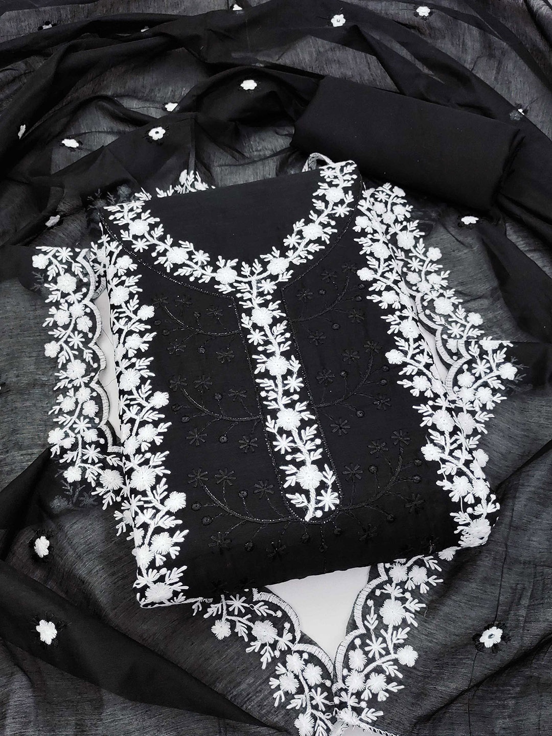 

KALINI Floral Embroidered Unstitched Dress Material, Black