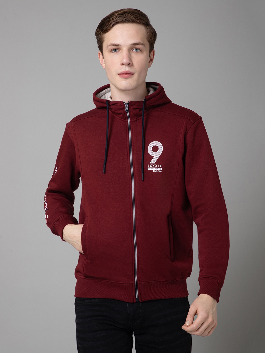 

Cantabil Front-Open Hood Ribbed Hooded Casual Sweatshirt, Maroon