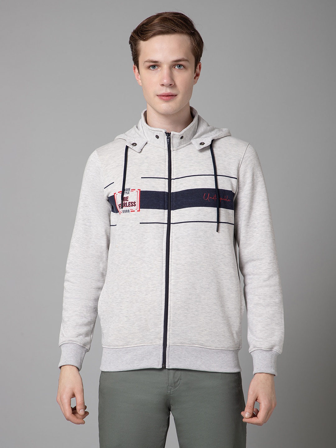 

Cantabil Striped Fleece Hooded Front-Open Sweatshirt, Grey