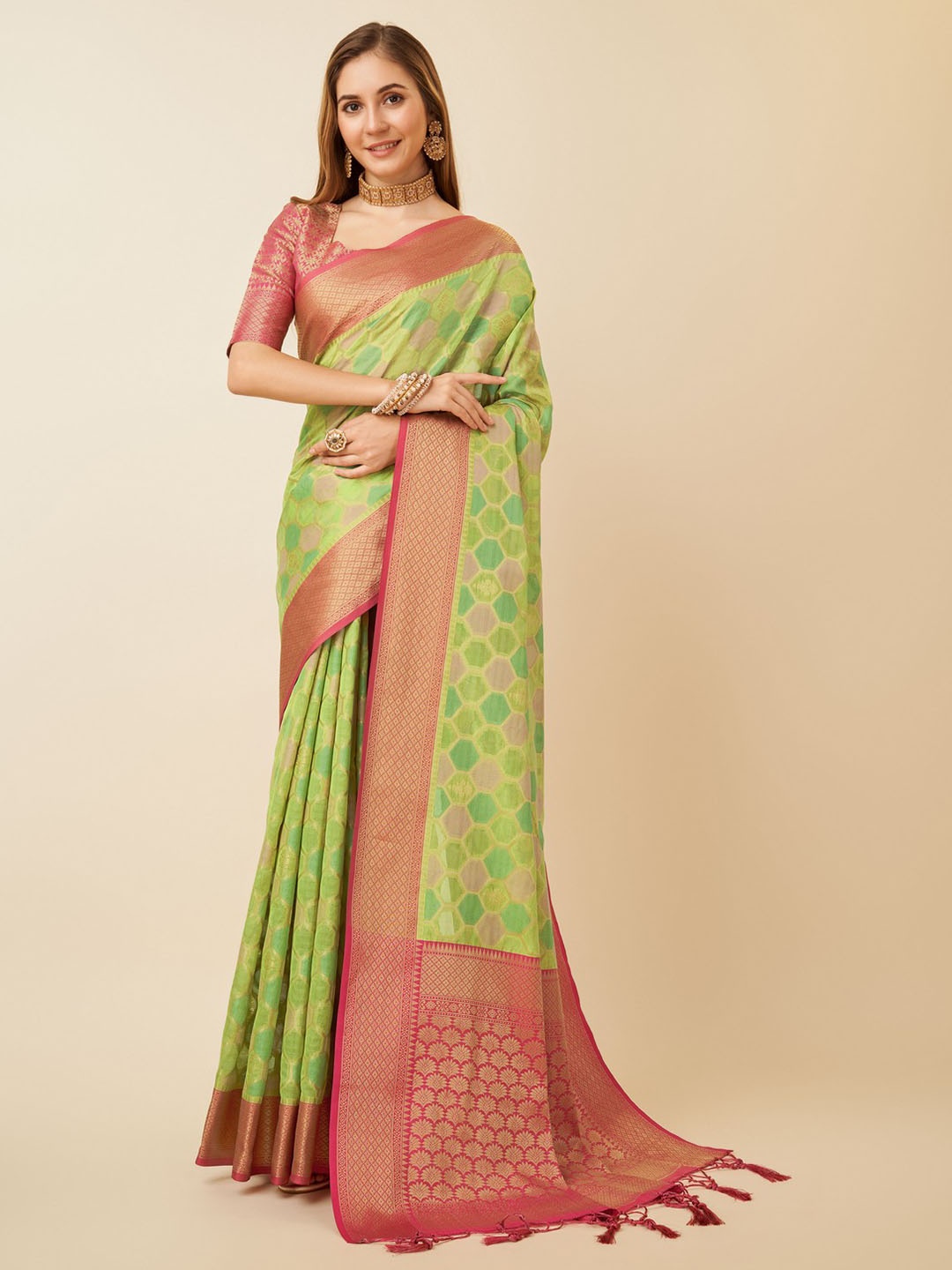 

Mitera Woven Design Zari Organza Saree, Lime green