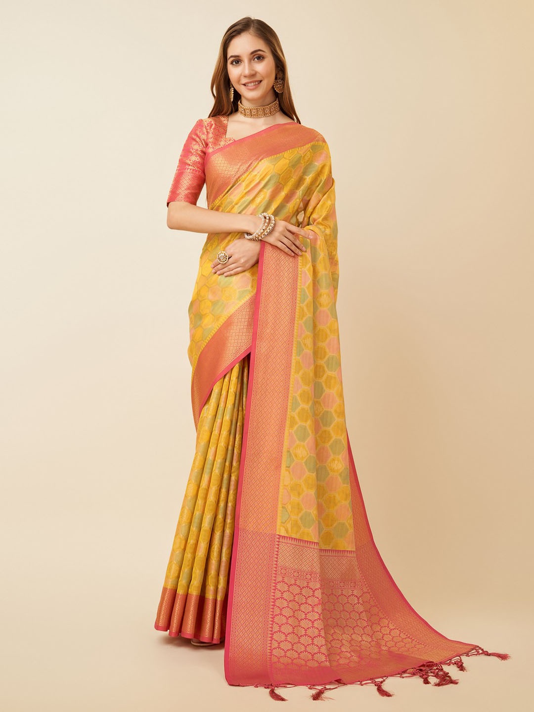 

Mitera Geometric Woven Design Zari Organza Saree, Yellow