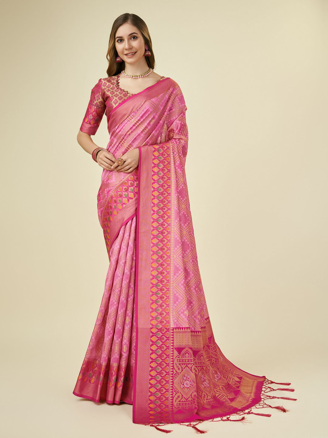 

Mitera Ethnic Motifs Woven Design Zari Organza Saree, Pink