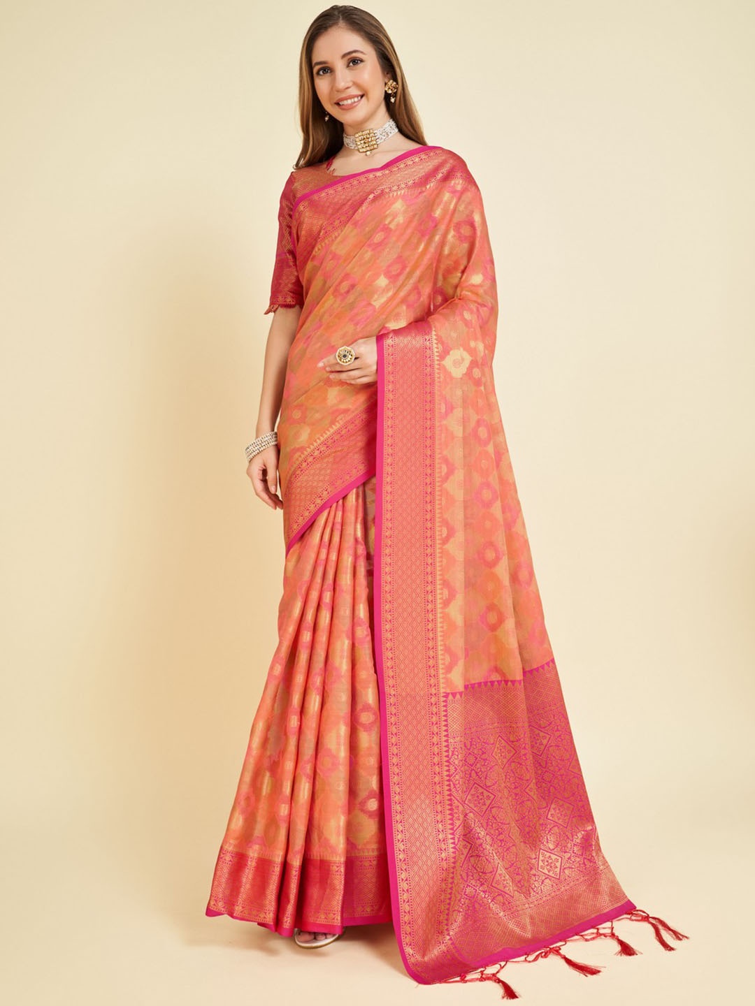 

Mitera Woven Design Zari Organza Saree, Pink