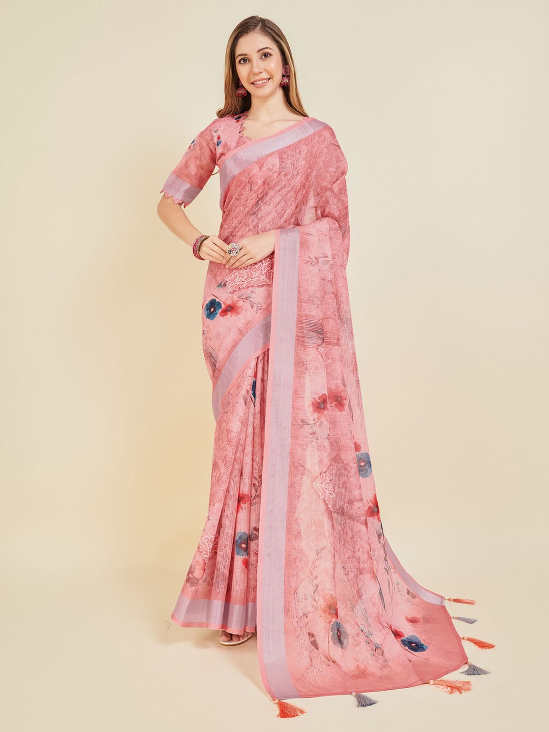 

Mitera Floral Printed Zari Saree, Pink