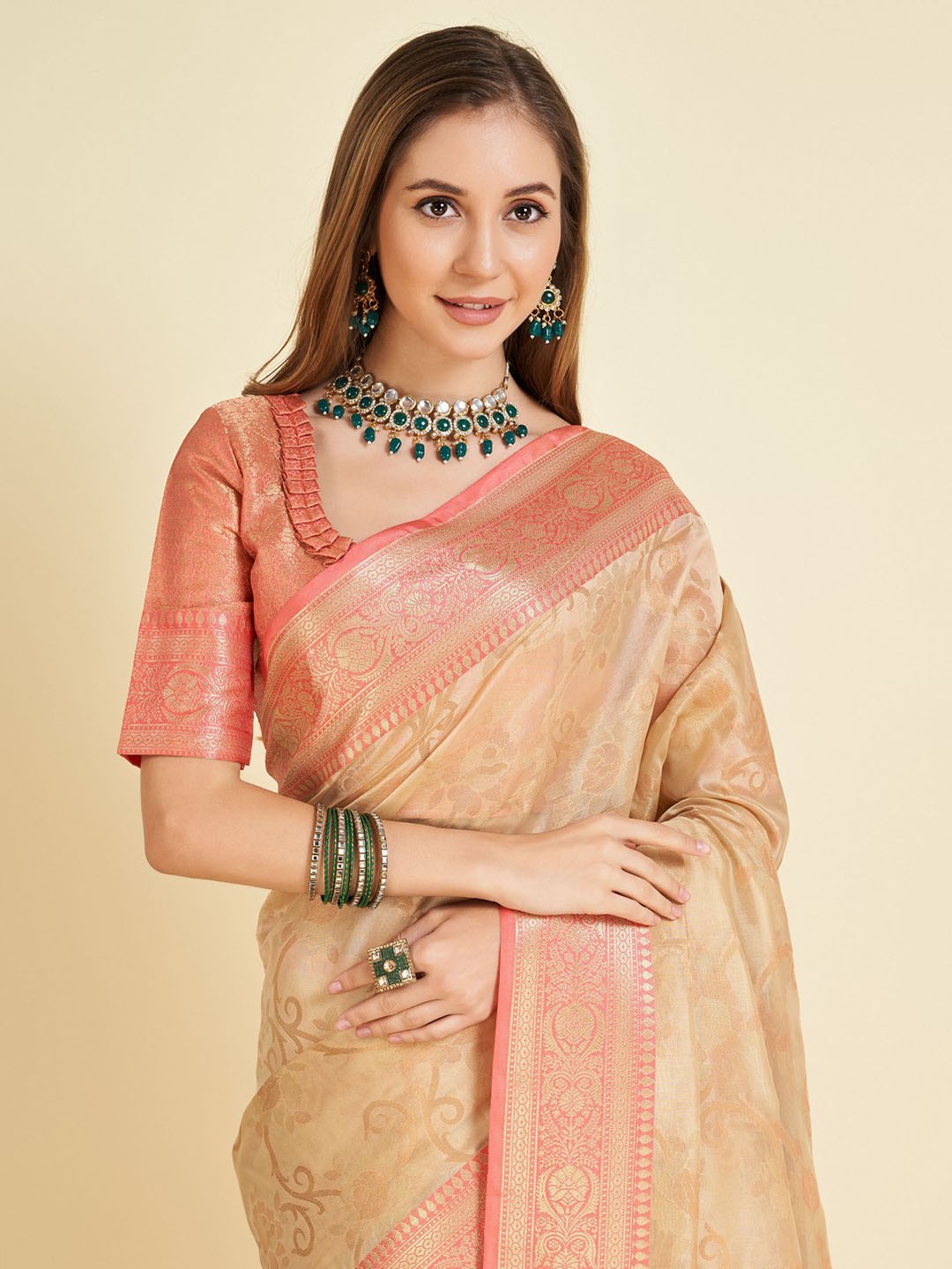

Mitera Ethnic Motifs Woven Design Zari Organza Saree, Cream