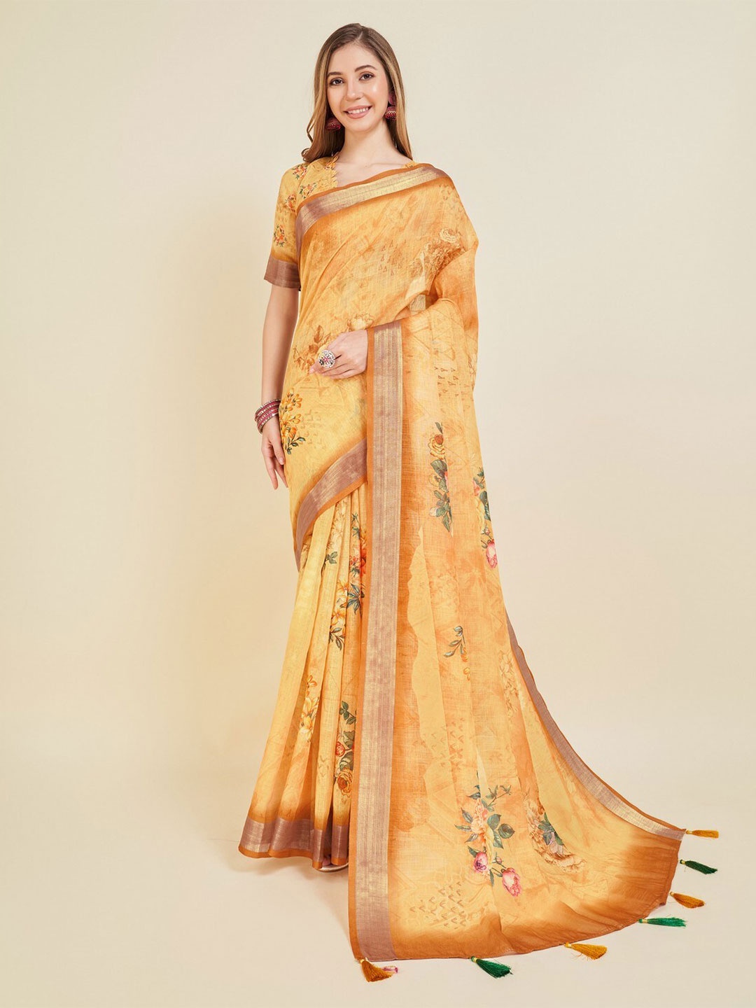 

Mitera Floral Printed Zari Saree, Yellow