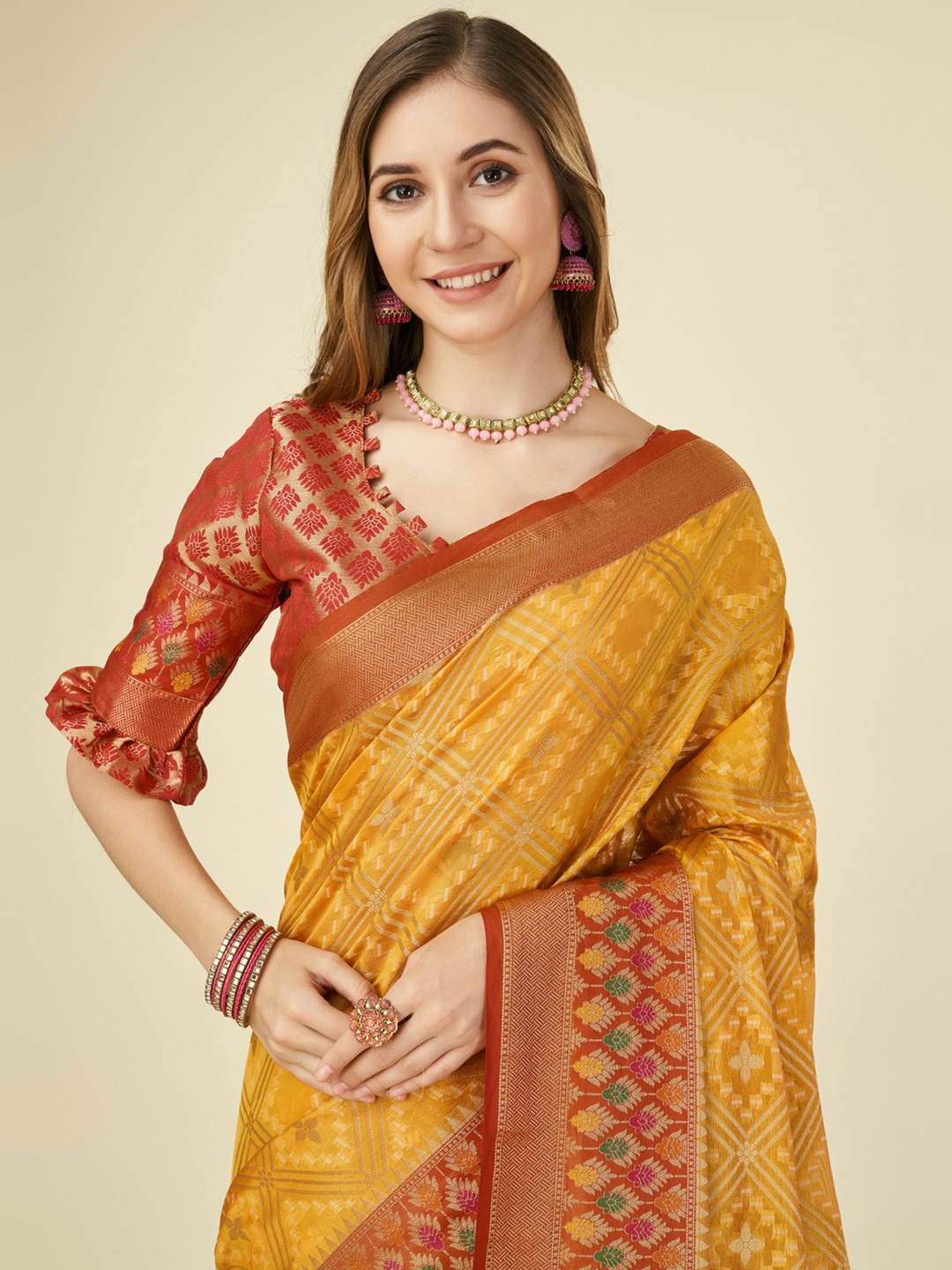 

Mitera Ethnic Motifs Woven Design Organza Saree, Yellow