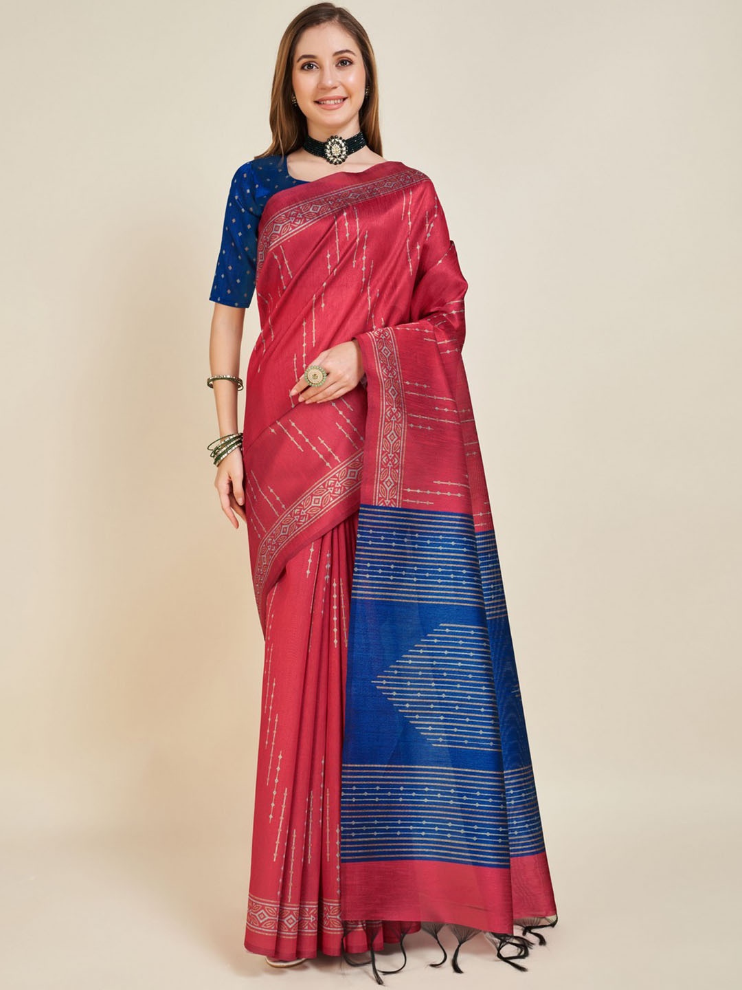 

Mitera Woven Design Striped Cotton Saree, Red