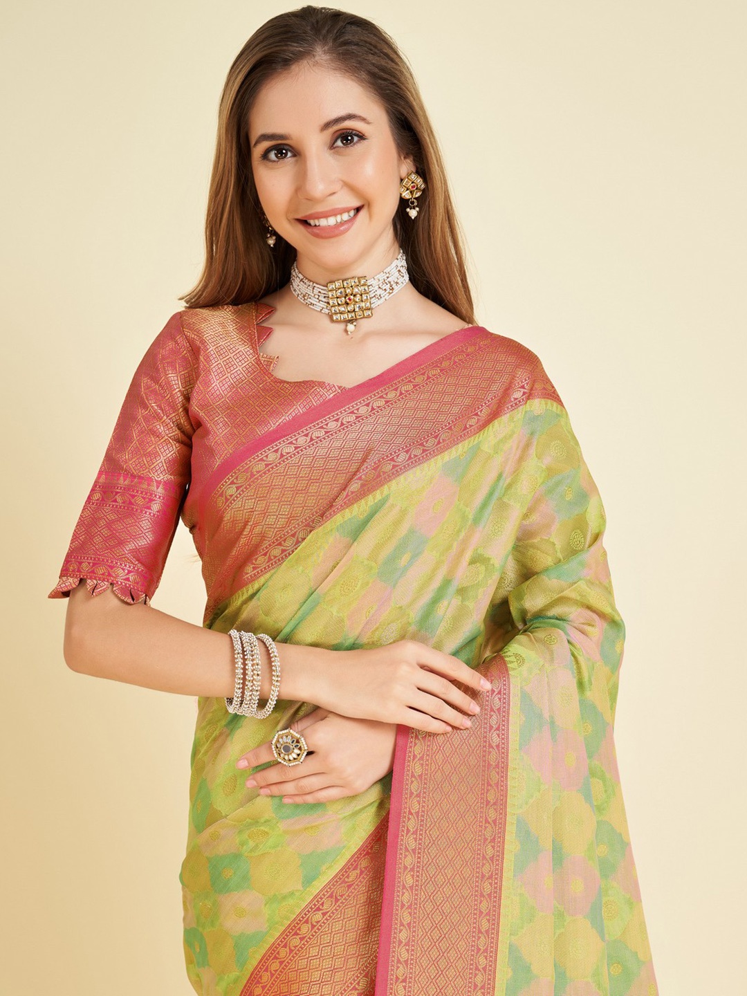 

Mitera Woven Design Zari Organza Saree, Sea green