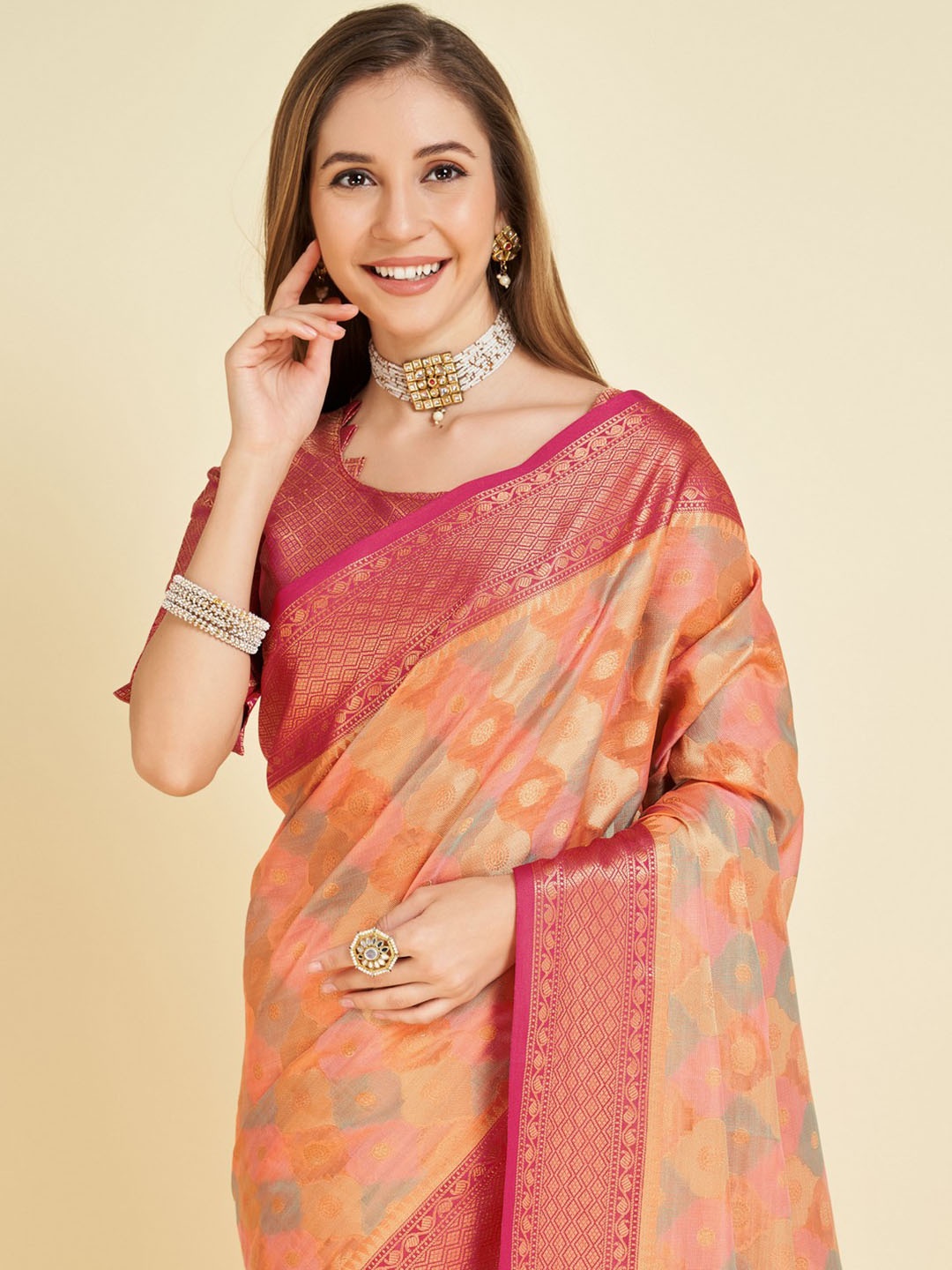 

Mitera Woven Design Zari Organza Saree, Peach