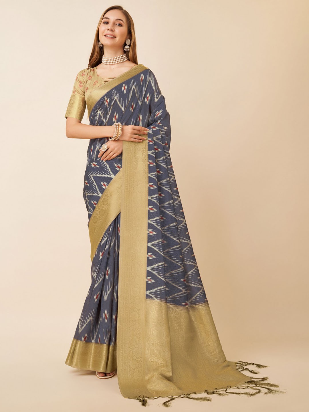 

Mitera Geometric Printed Zari Pure Silk Saree, Purple