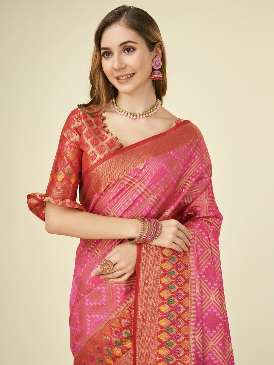 

Mitera Ethnic Motifs Woven Design Zari Organza Saree, Pink