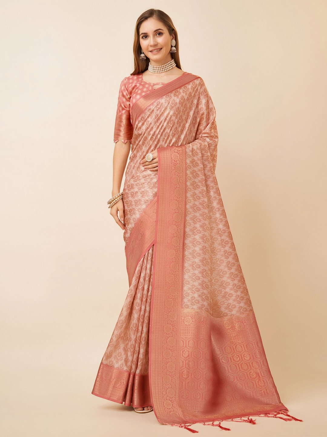 

Mitera Peach & Gold toned Woven Design Zari Pure Silk Saree