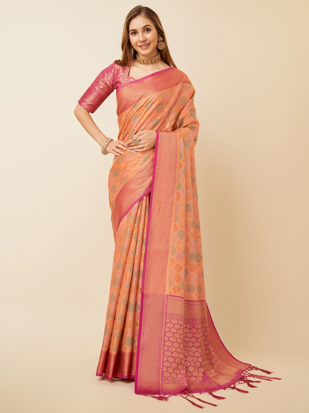 

Mitera Geometric Woven Design Zari Organza Saree, Rust