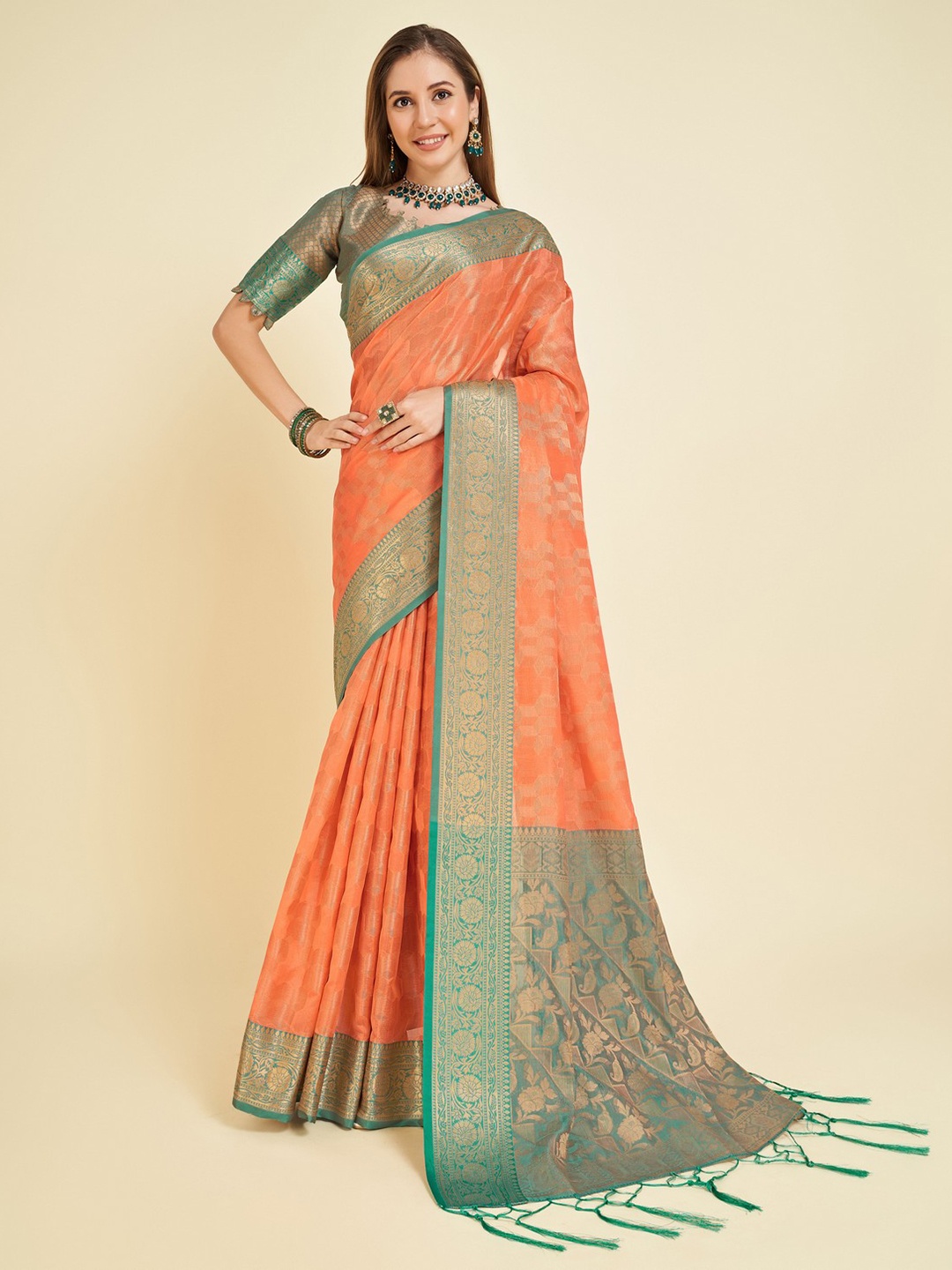 

Mitera Woven Design Zari Organza Saree, Orange