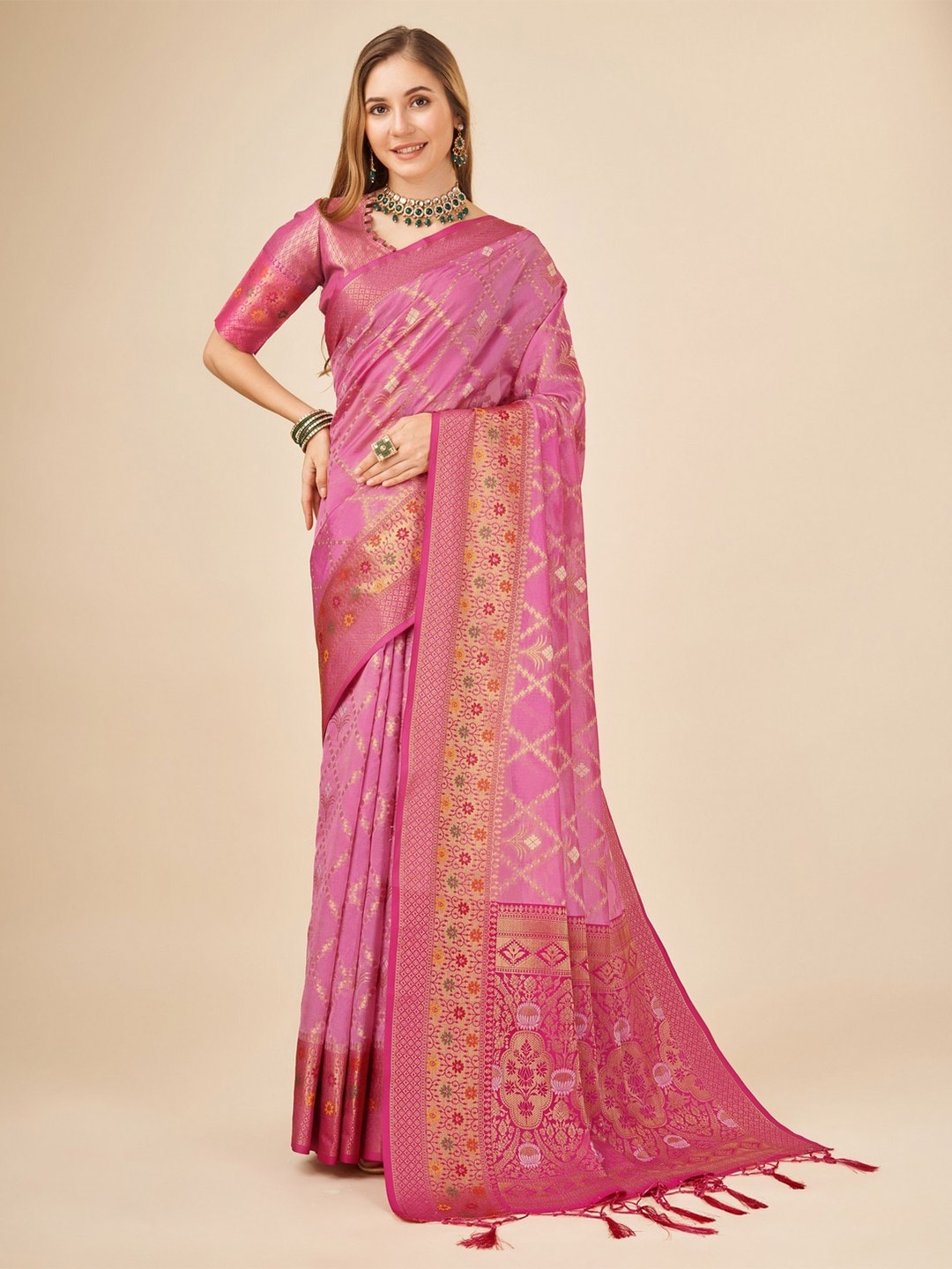 

Mitera Pink & Gold toned Floral Organza Saree