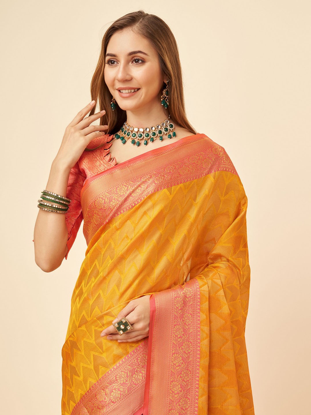 

Mitera Woven Design Zari Organza Saree, Yellow