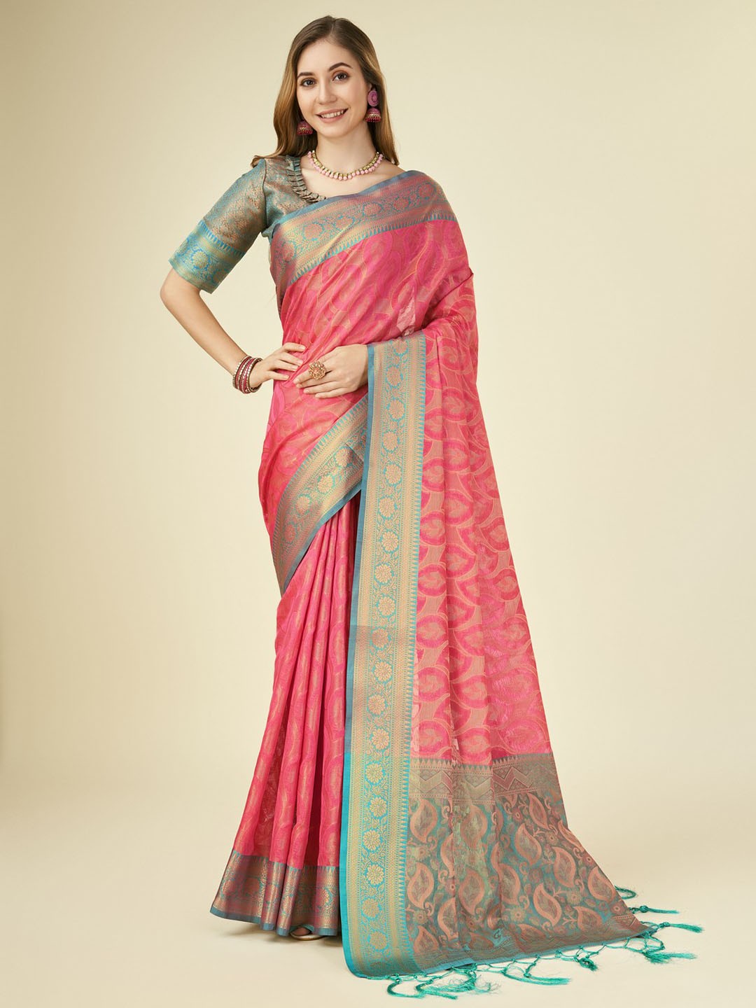 

Mitera Ethnic Motifs Woven Design Zari Organza Saree, Pink