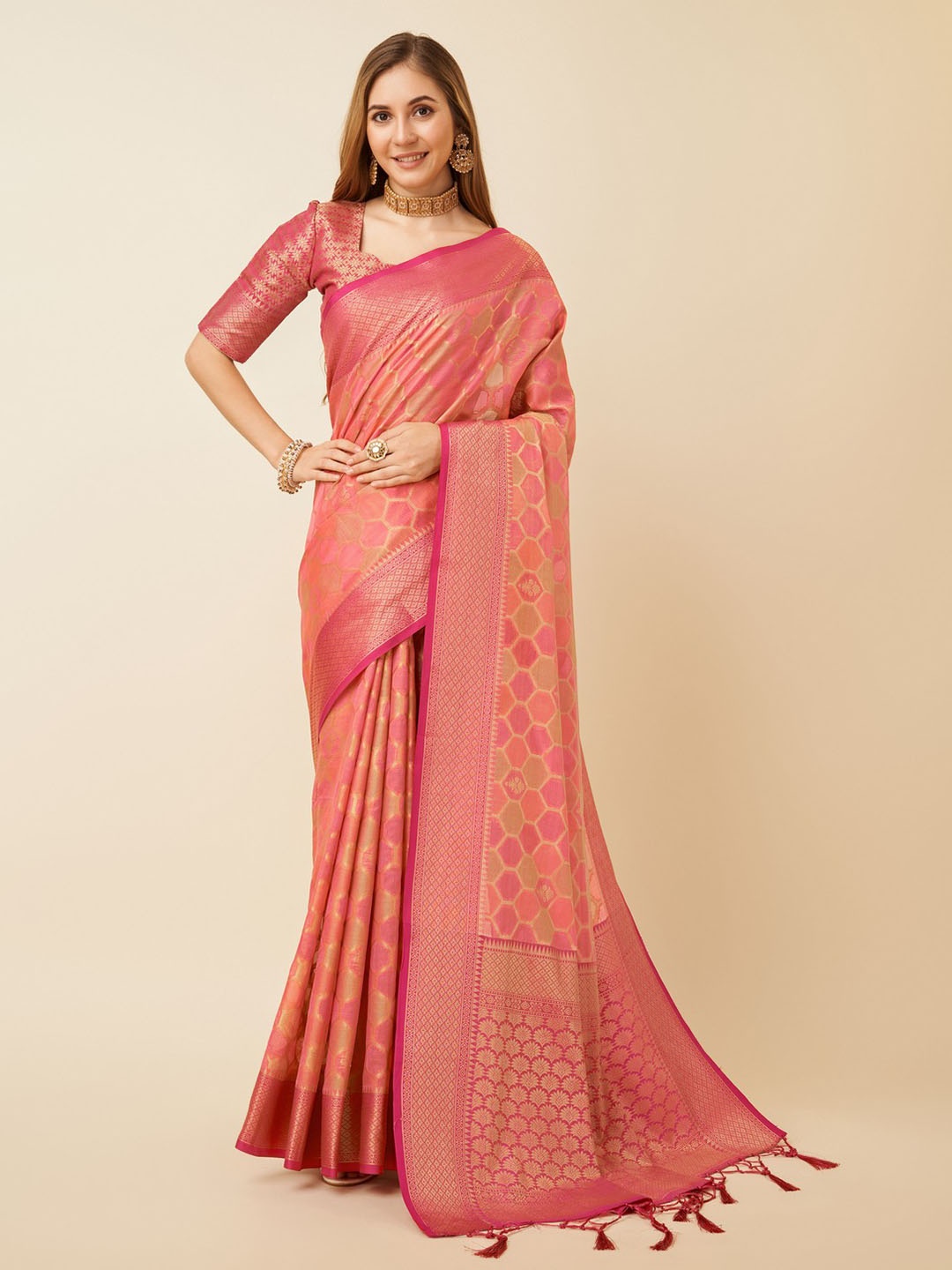 

Mitera Ethnic Motifs Woven Design Zari Organza Saree, Pink