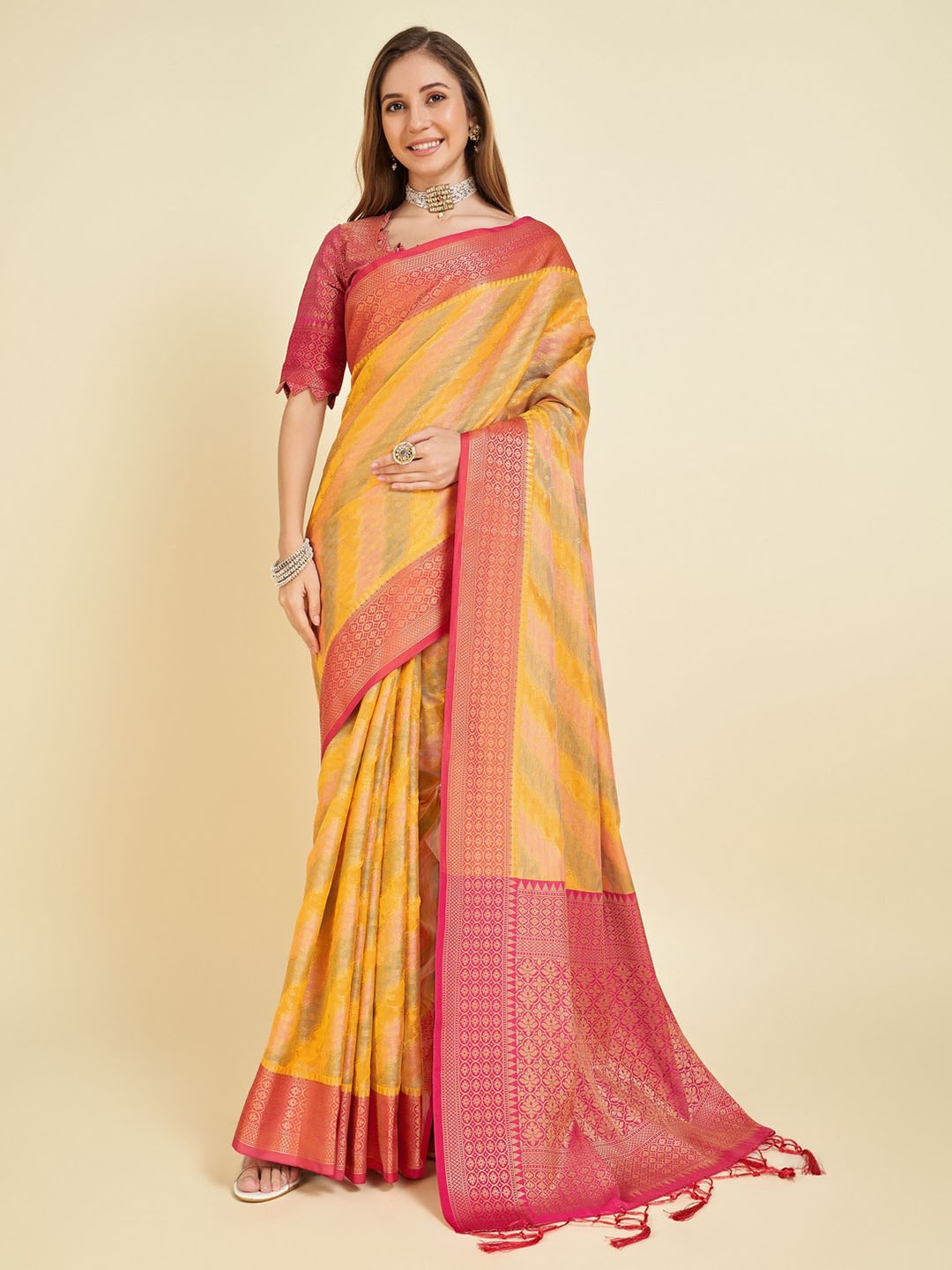 

Mitera Ethnic Motifs Woven Design Zari Organza Saree, Yellow