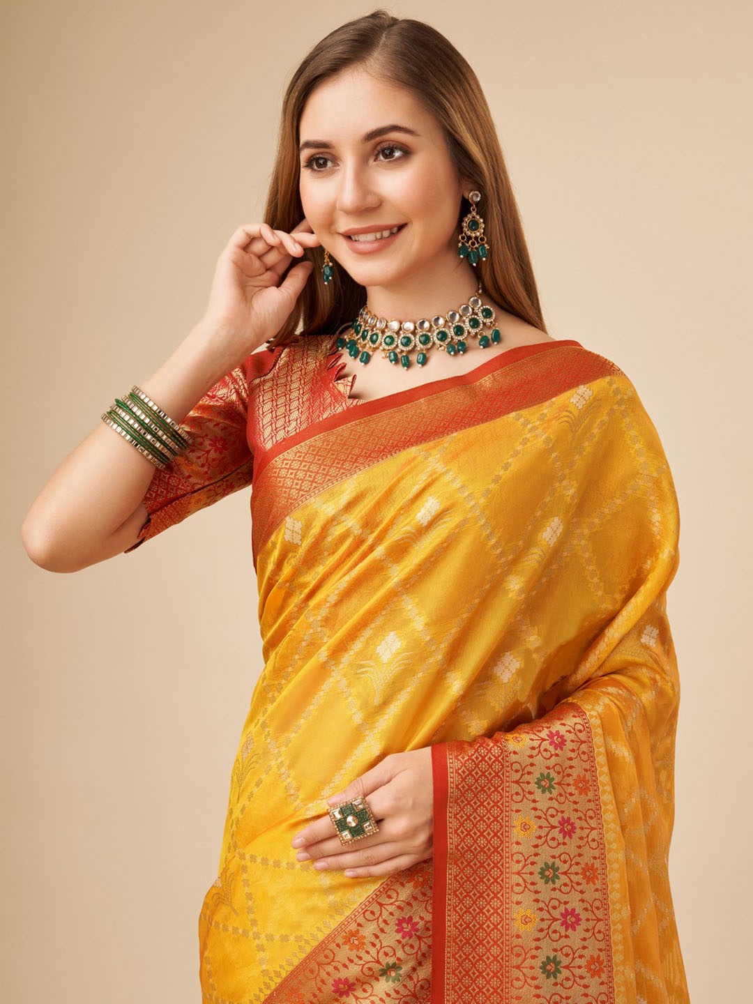 

Mitera Ethnic Motifs Zari Organza Saree, Yellow