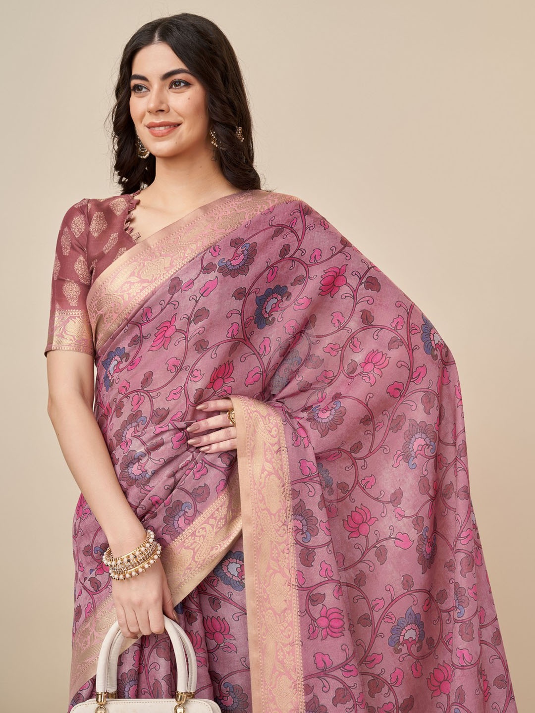 

Mitera Floral Printed Woven Design Silk Cotton Zari Saree, Lavender